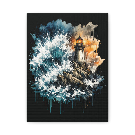 Lighthouse Storm Matte Canvas Wall Art — Dramatic Ocean Wave Seascape C001
