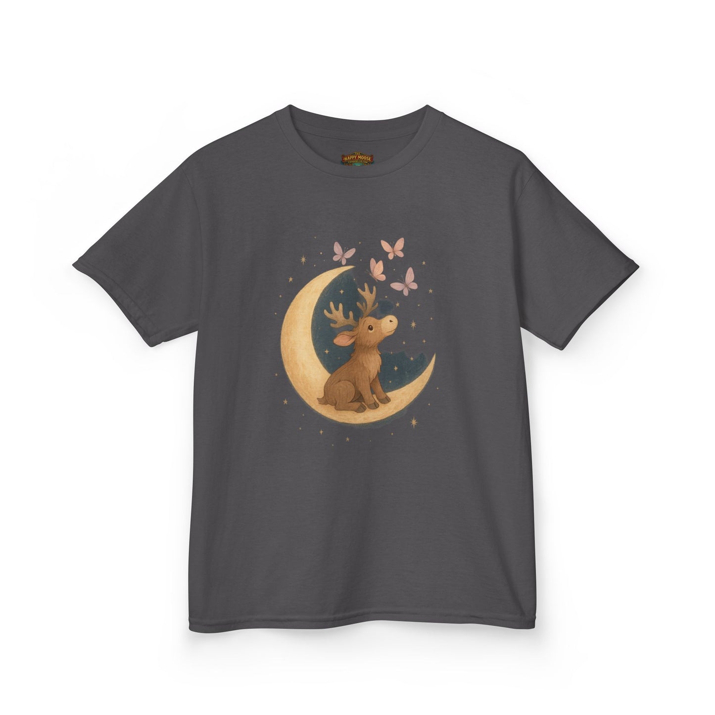 Kids Tee — Cute Puppy on Moon with Butterflies Graphic