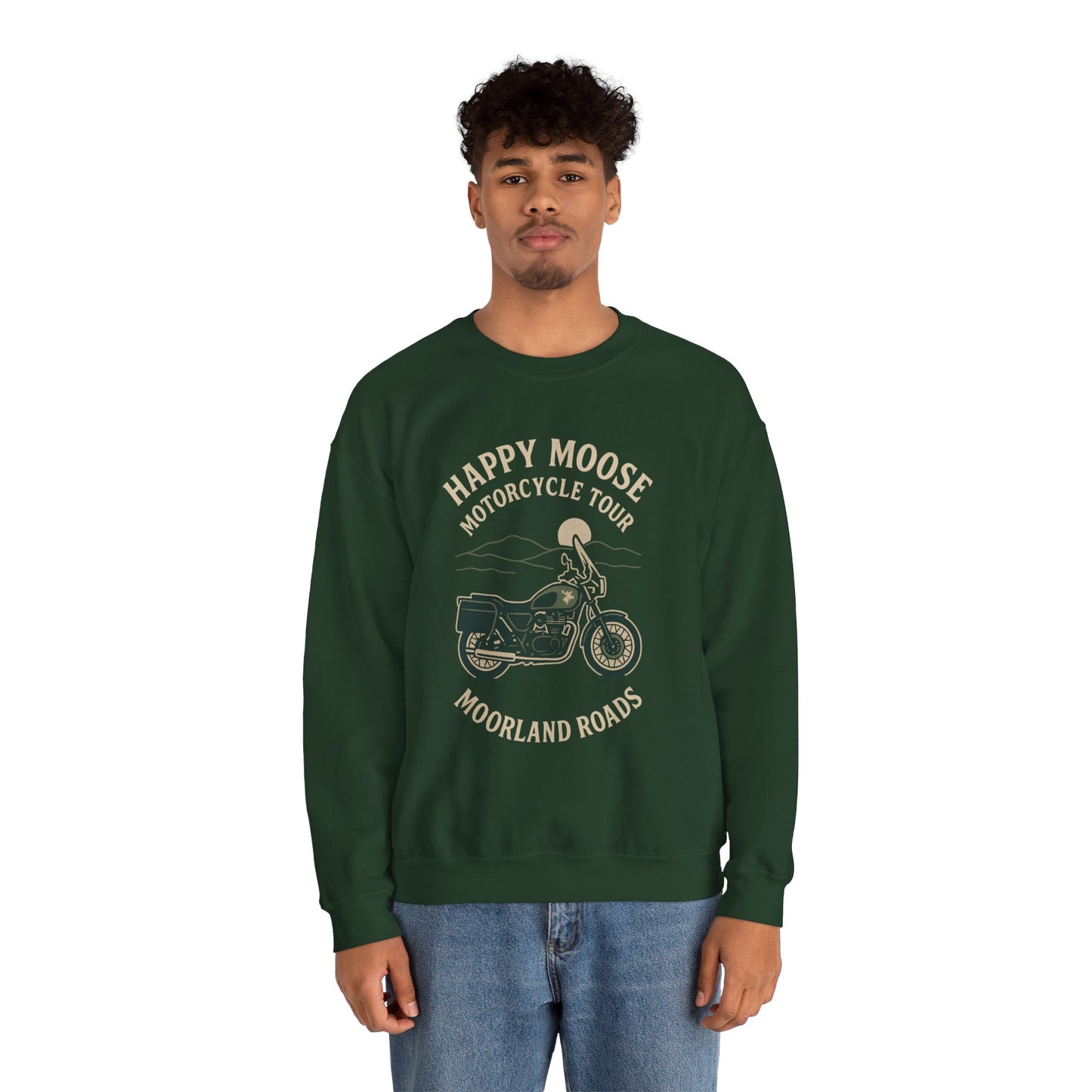 Motorcycle Crewneck Sweatshirt — "Happy Moose Motorcycle Tour" Vintage Bike Graphic