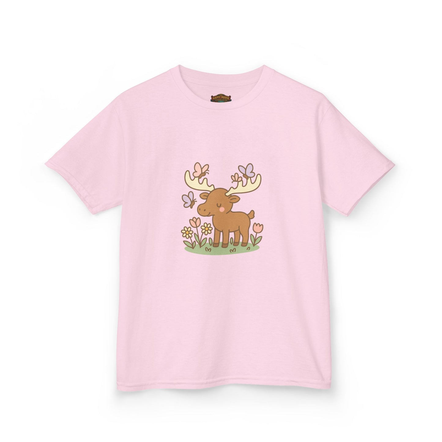 Kids T-Shirt — Cute Woodland Moose with Butterflies Kids Tee