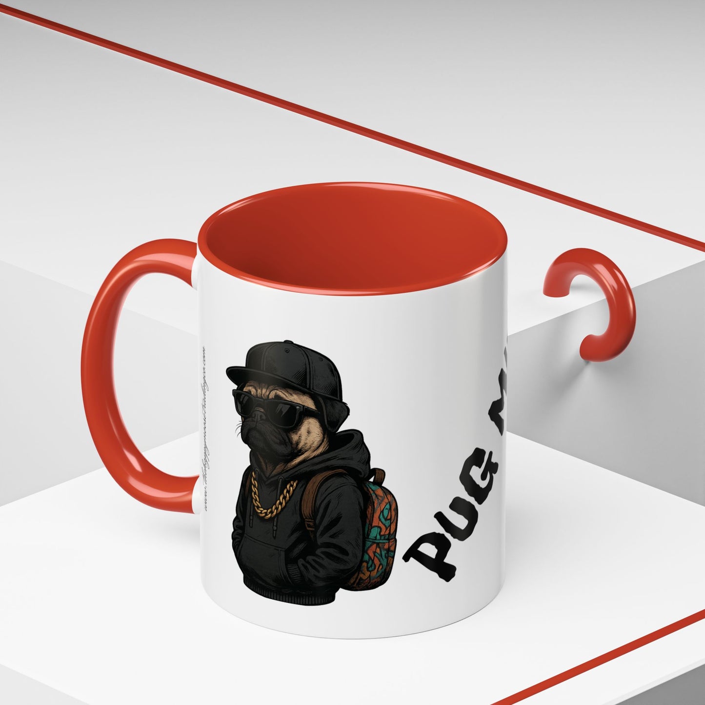 Pug Mug — Red Accent Coffee Mug with Hipster Pug Illustration (11/15oz)