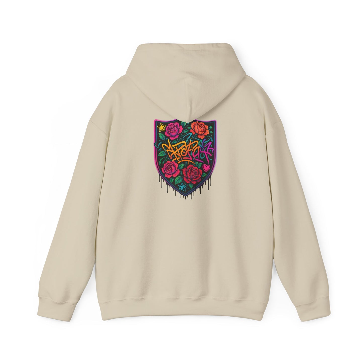 Graffiti Rose Shield Hoodie – Urban Floral Streetwear Sweatshirt