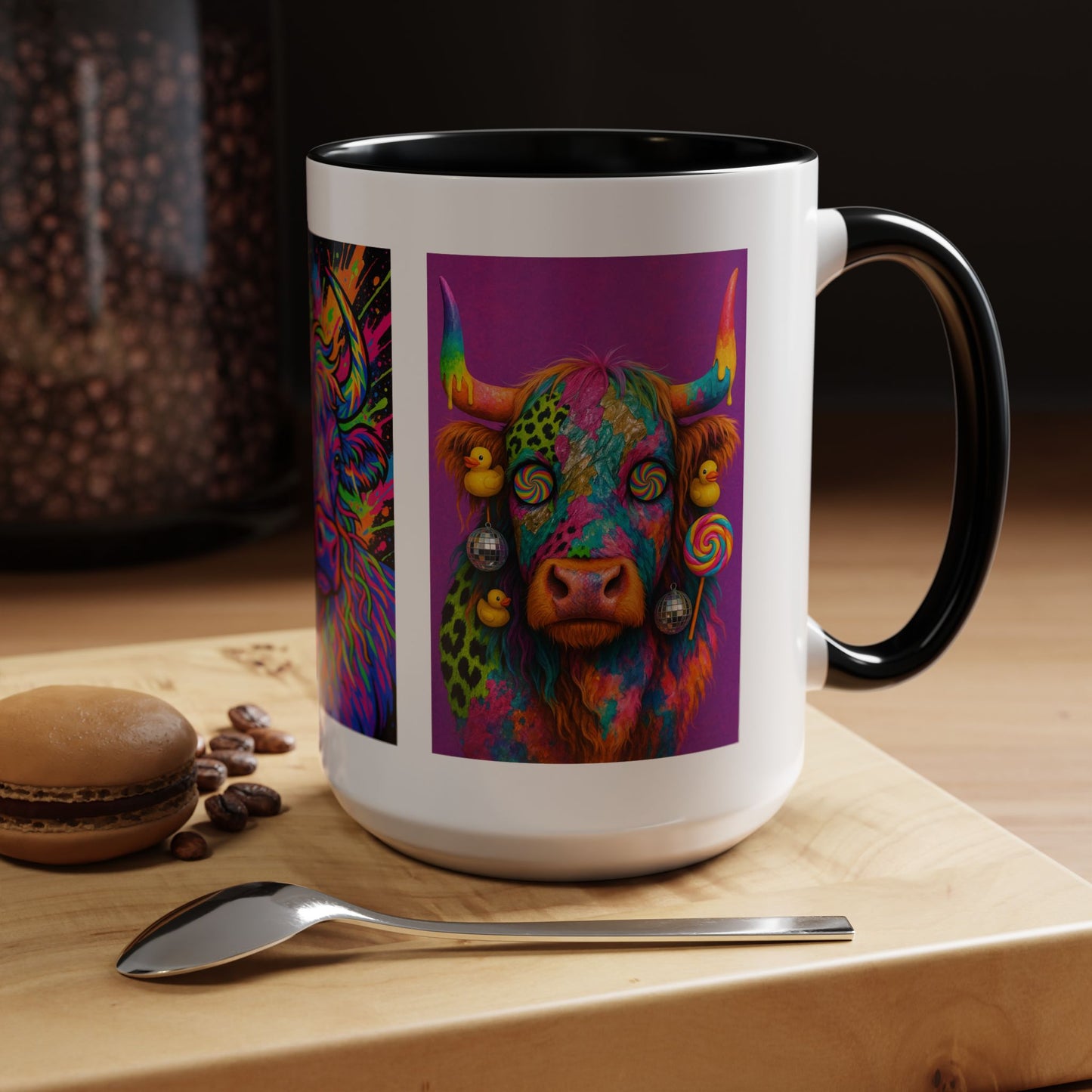 Psychedelic Highland Cow Accent Coffee Mug — Colorful Neon Farm Animal Art (11/15 oz)