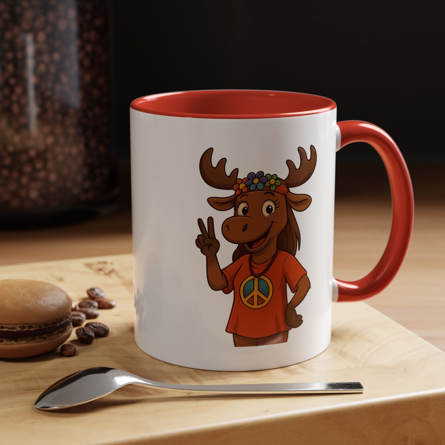 Peace Sign Moose Accent Coffee Mug — Hippie Moose with Flower Crown (11/15oz)