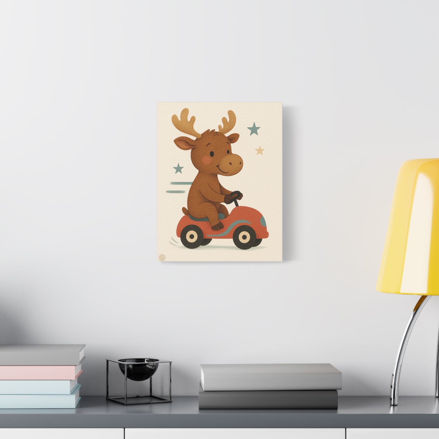 Cute Moose on Red Car Canvas Wall Art – Nursery Kids Decor
