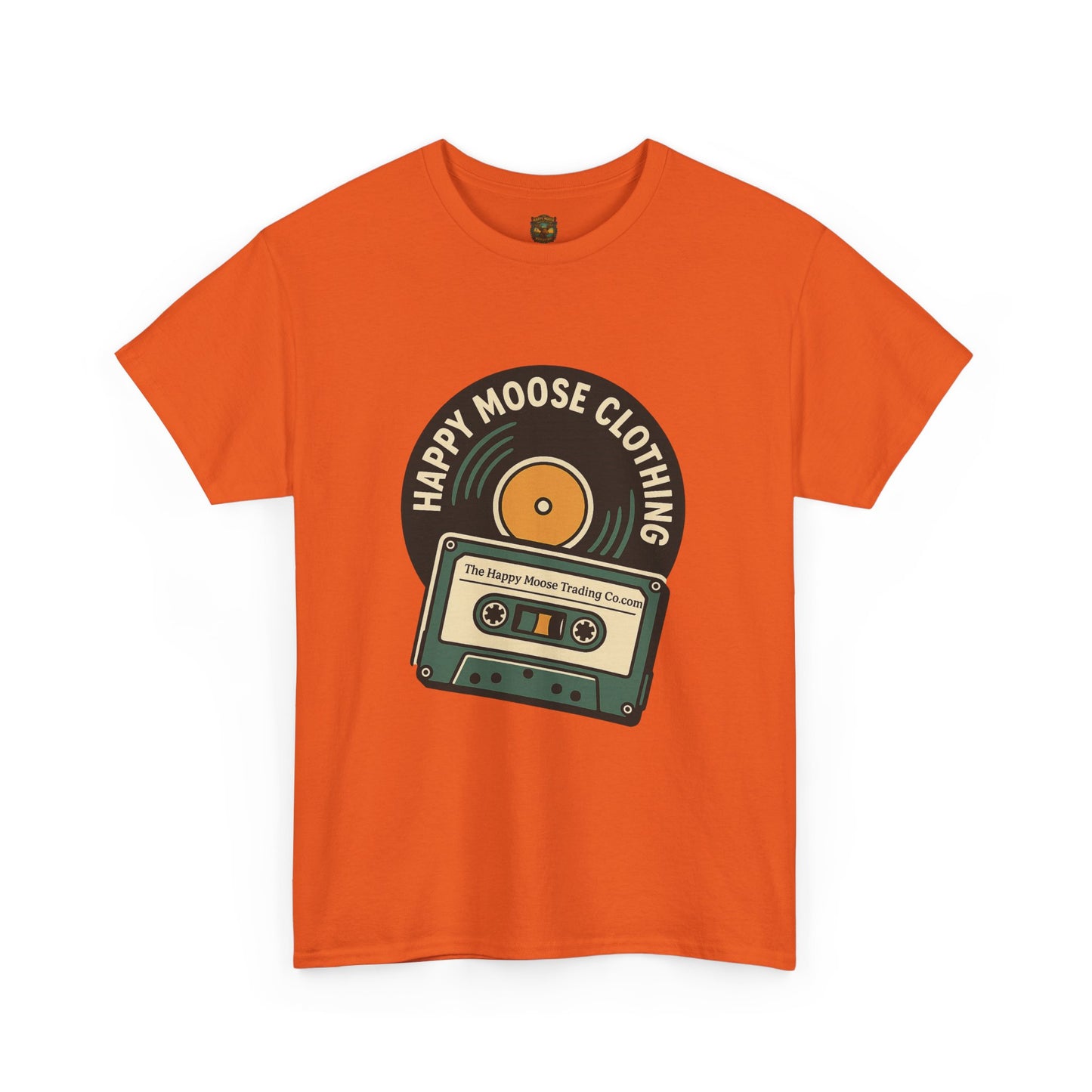 Cassette & Vinyl Retro Tee — “Happy Moose Clothing” Vintage Music Graphic T-Shirt