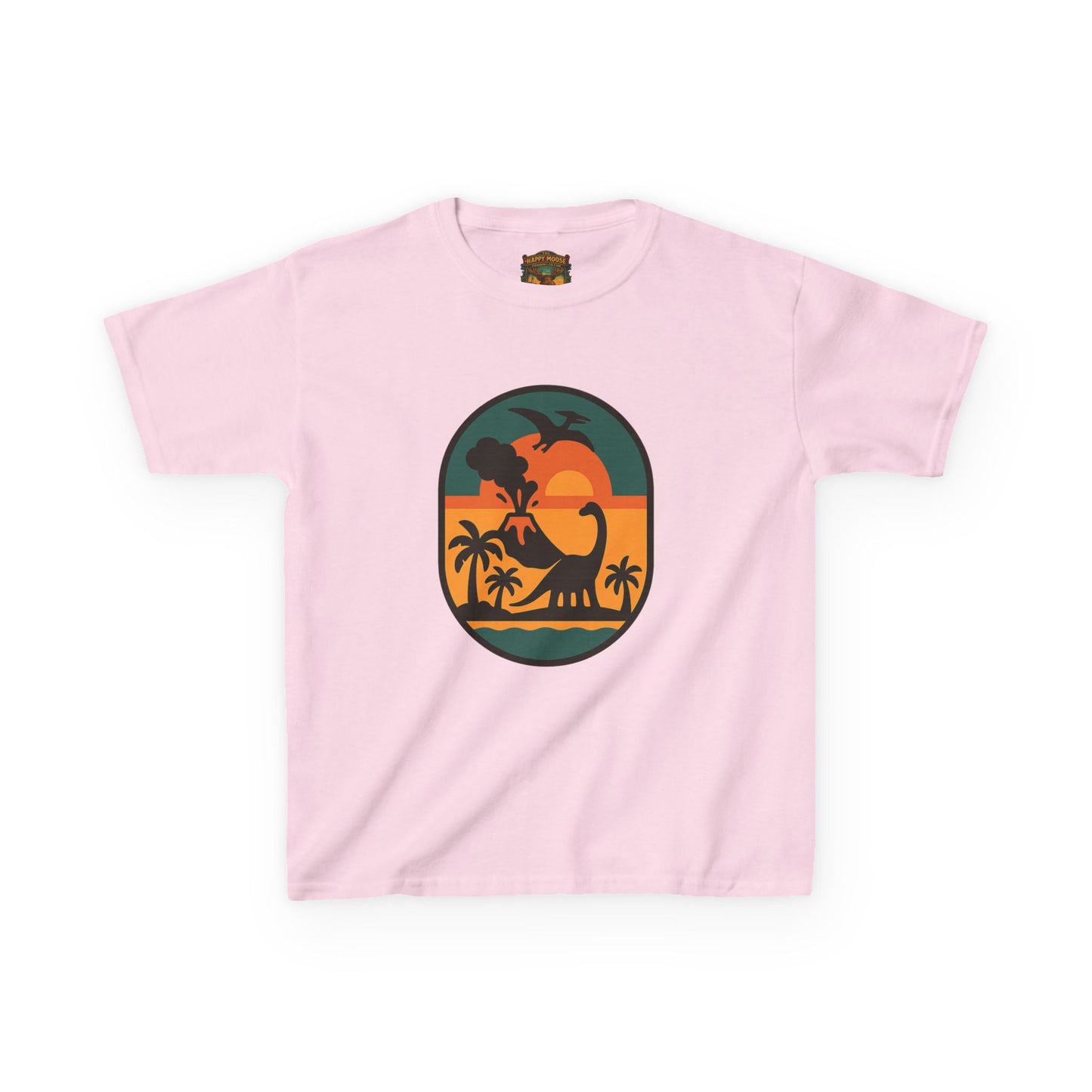 Kids T‑Shirt — Retro Tropical Dinosaur Sunset