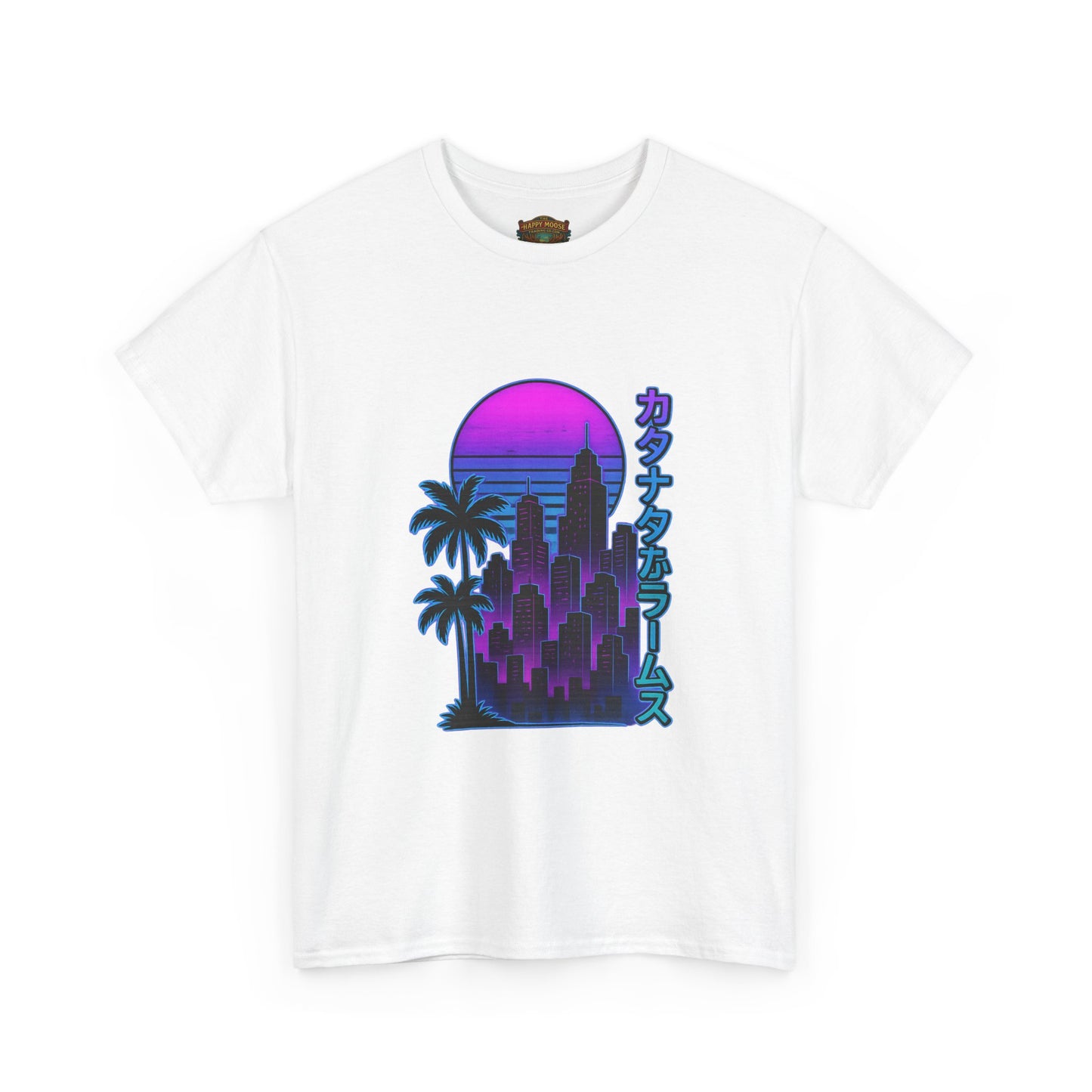 Retro Vaporwave Tee — Neon Sunset City with Palm Trees & Japanese Text