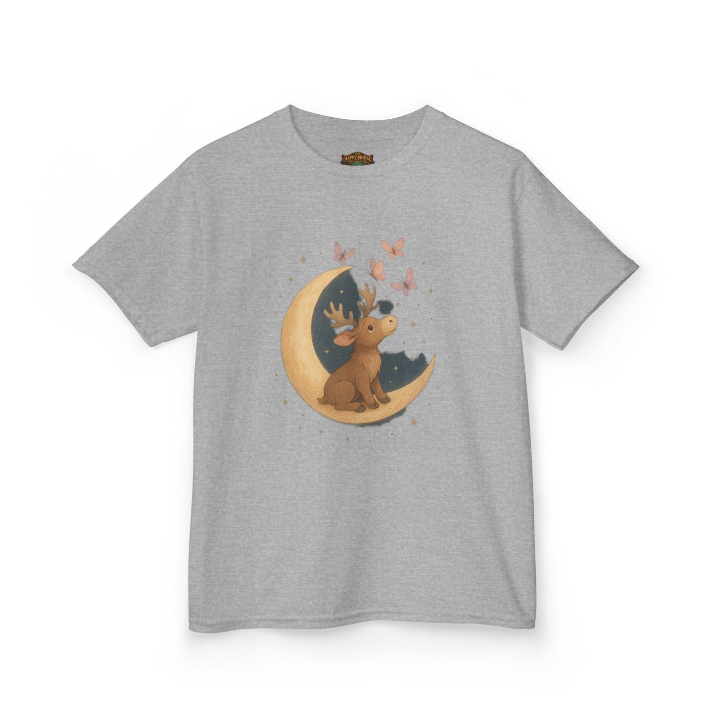 Kids Tee — Cute Puppy on Moon with Butterflies Graphic