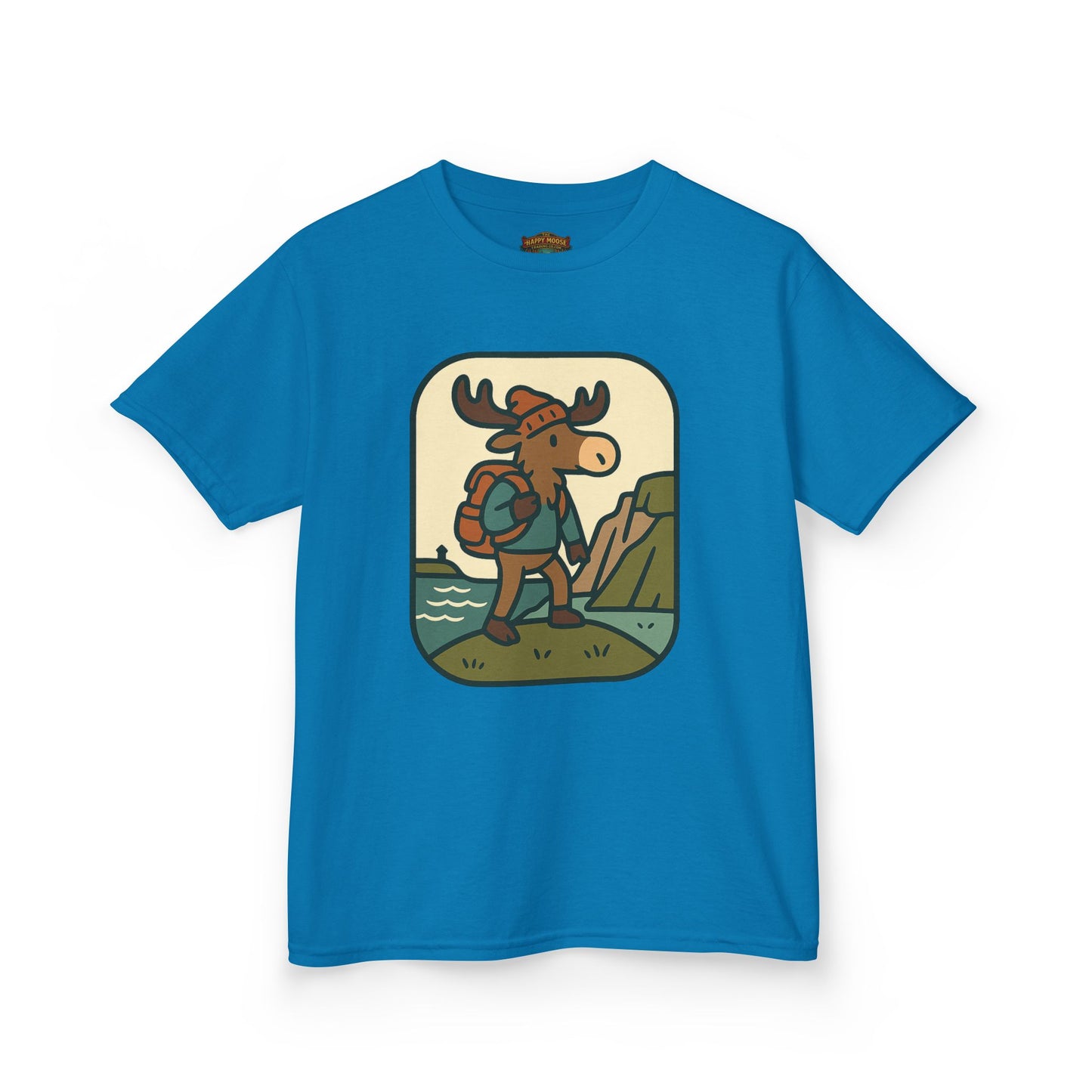 Kids Hiking Moose T‑Shirt — Cute Adventure Backpacker Tee for Boys & Girls