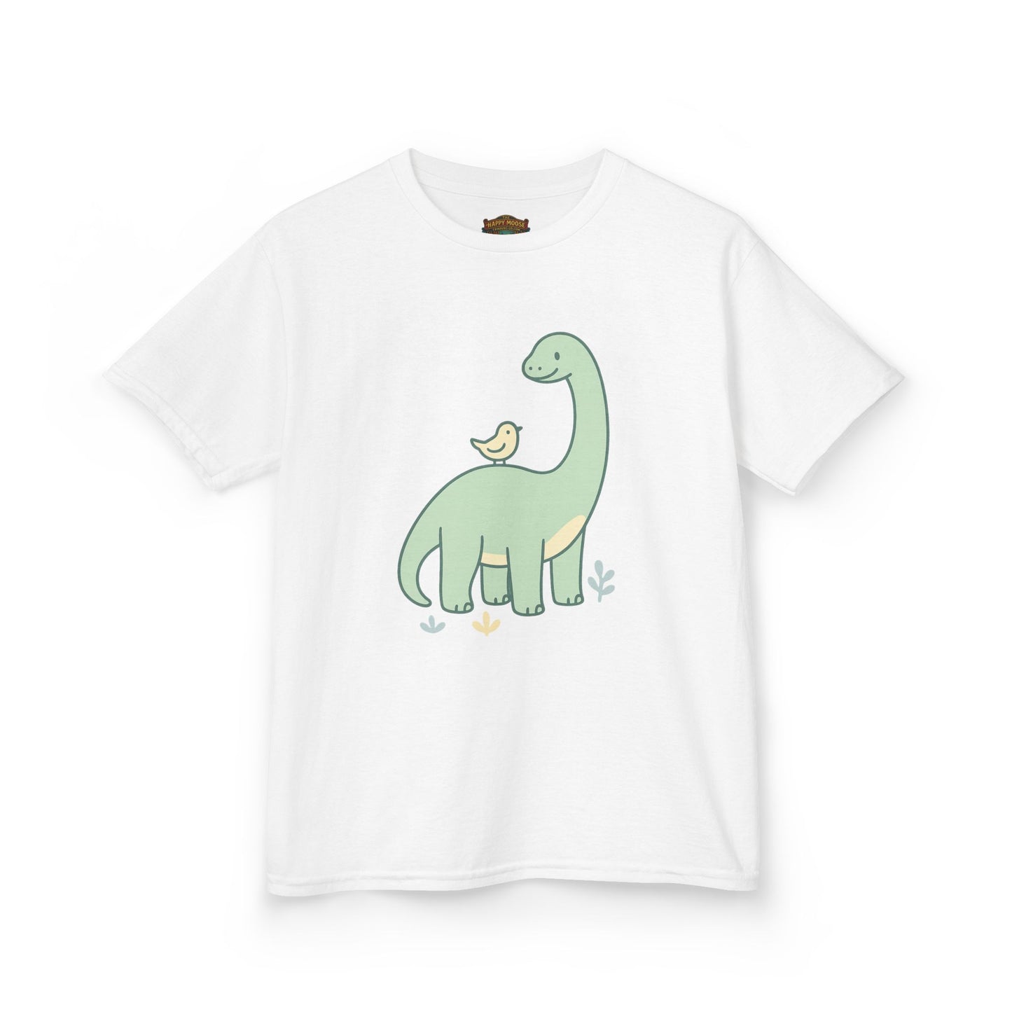 Kids Dino & Bird Tee — Cute Green Brontosaurus Graphic T‑Shirt