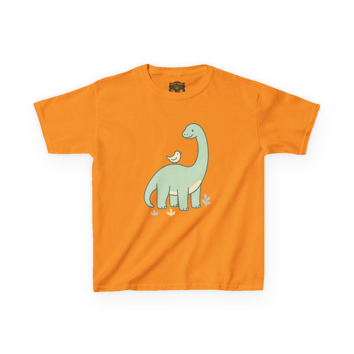 Kids Dino & Bird Tee — Cute Green Brontosaurus Graphic T‑Shirt
