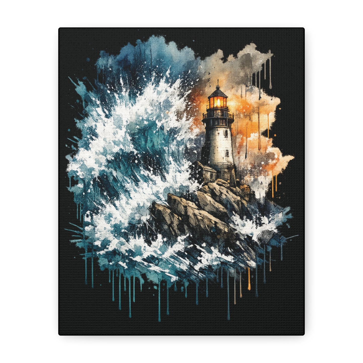 Lighthouse Storm Matte Canvas Wall Art — Dramatic Ocean Wave Seascape C001