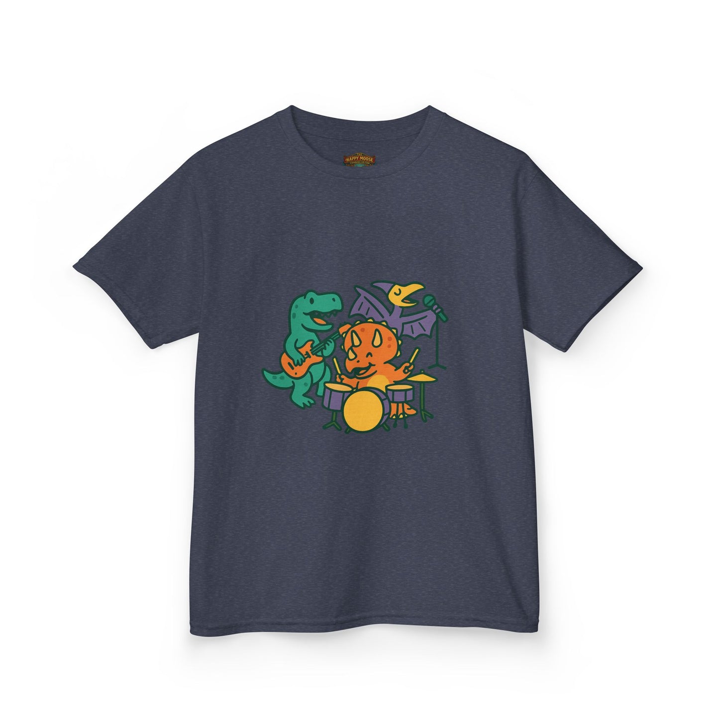 Kids Dino Band T‑Shirt — Cute Cartoon Dinosaur Drummer Tee for Boys & Girls