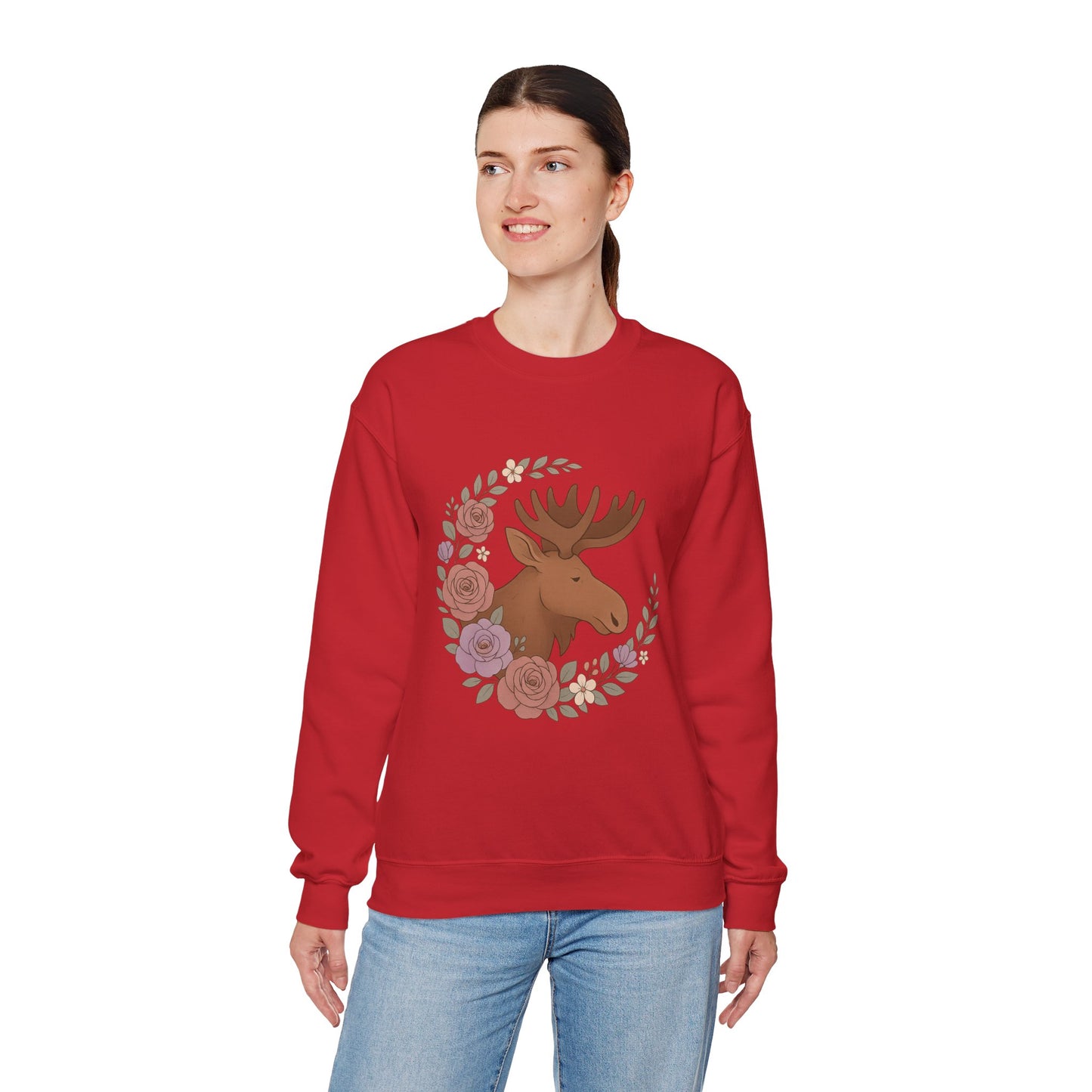 Moose Floral Crewneck Sweatshirt — Rustic Woodland Animal Sweatshirt