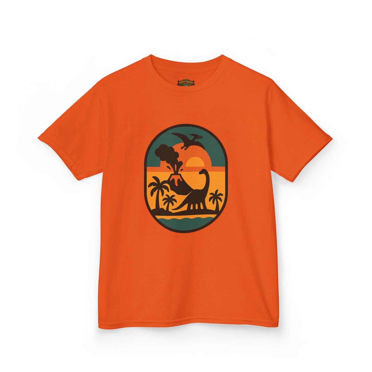 Kids T‑Shirt — Retro Tropical Dinosaur Sunset