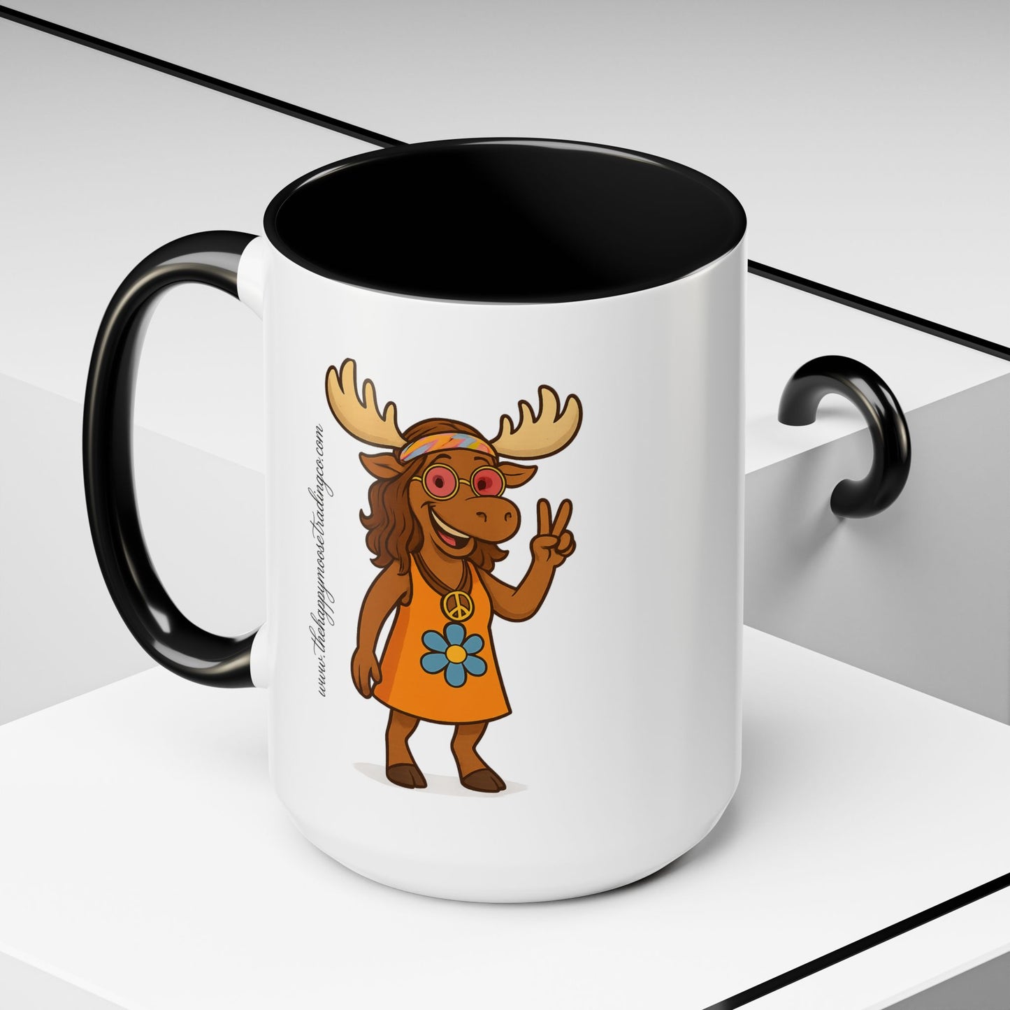 Hippie Moose Coffee Mug — Peace Sign Retro Moose Accent Mug (11/15oz)