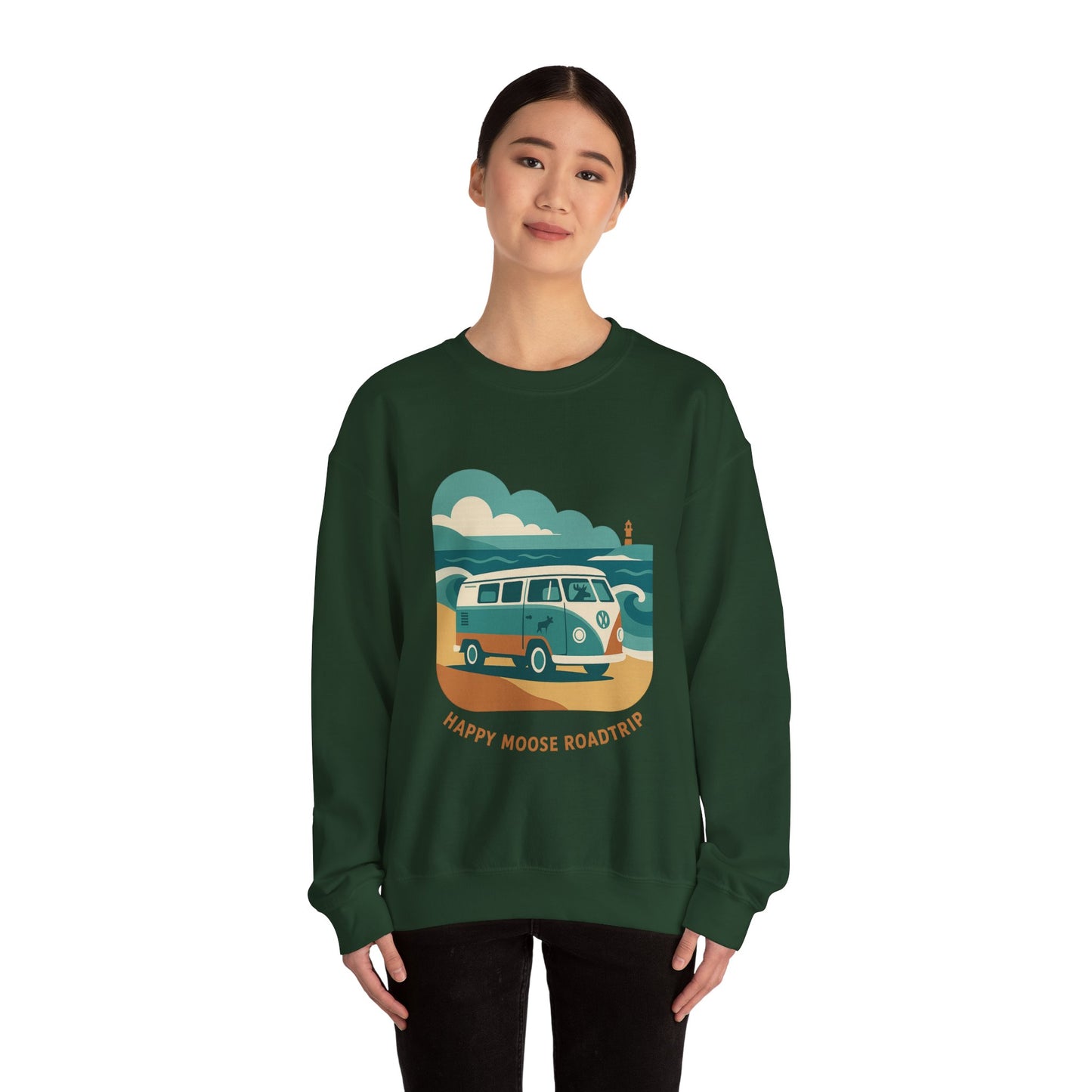 Road Trip Crewneck Sweatshirt — "Happy Moose Roadtrip" Vintage Van Graphic