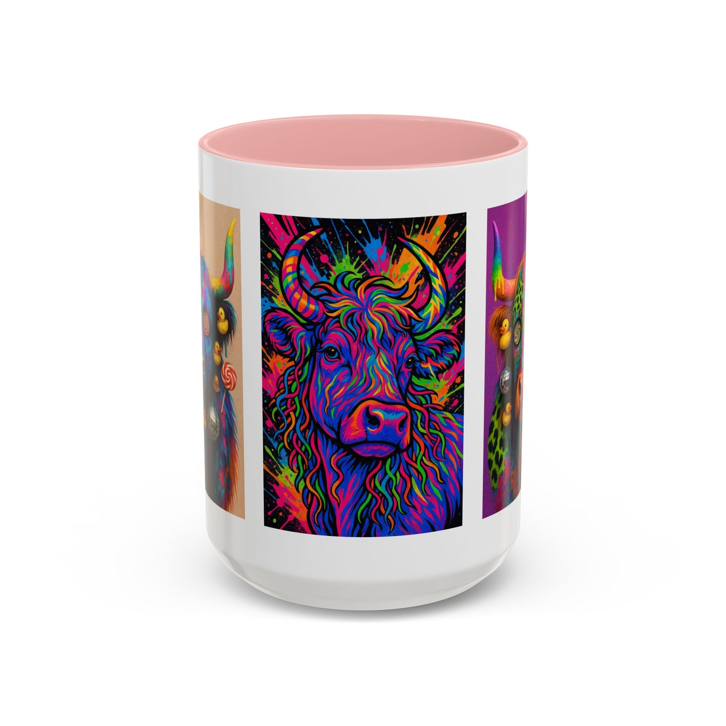 Psychedelic Highland Cow Accent Coffee Mug — Colorful Neon Farm Animal Art (11/15 oz)