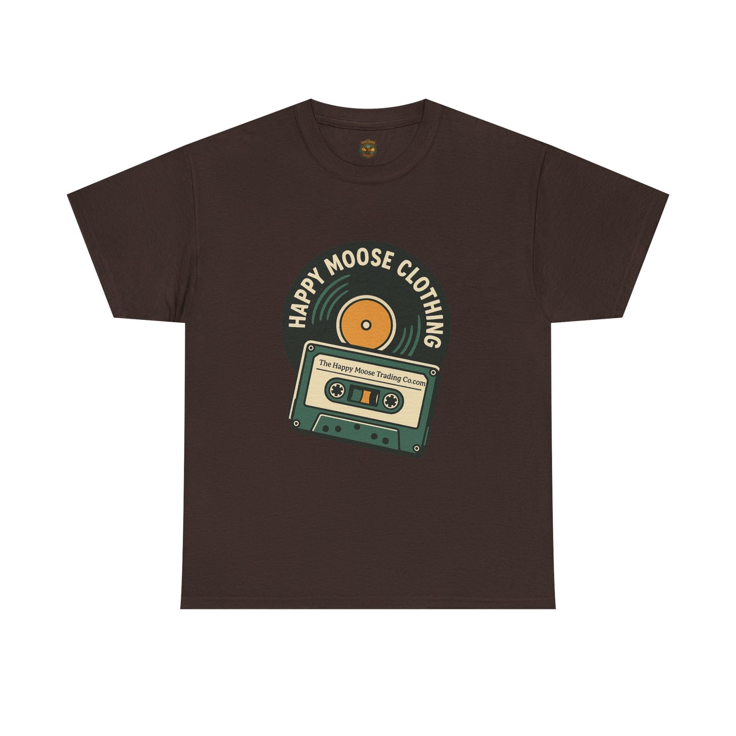 Cassette & Vinyl Retro Tee — “Happy Moose Clothing” Vintage Music Graphic T-Shirt