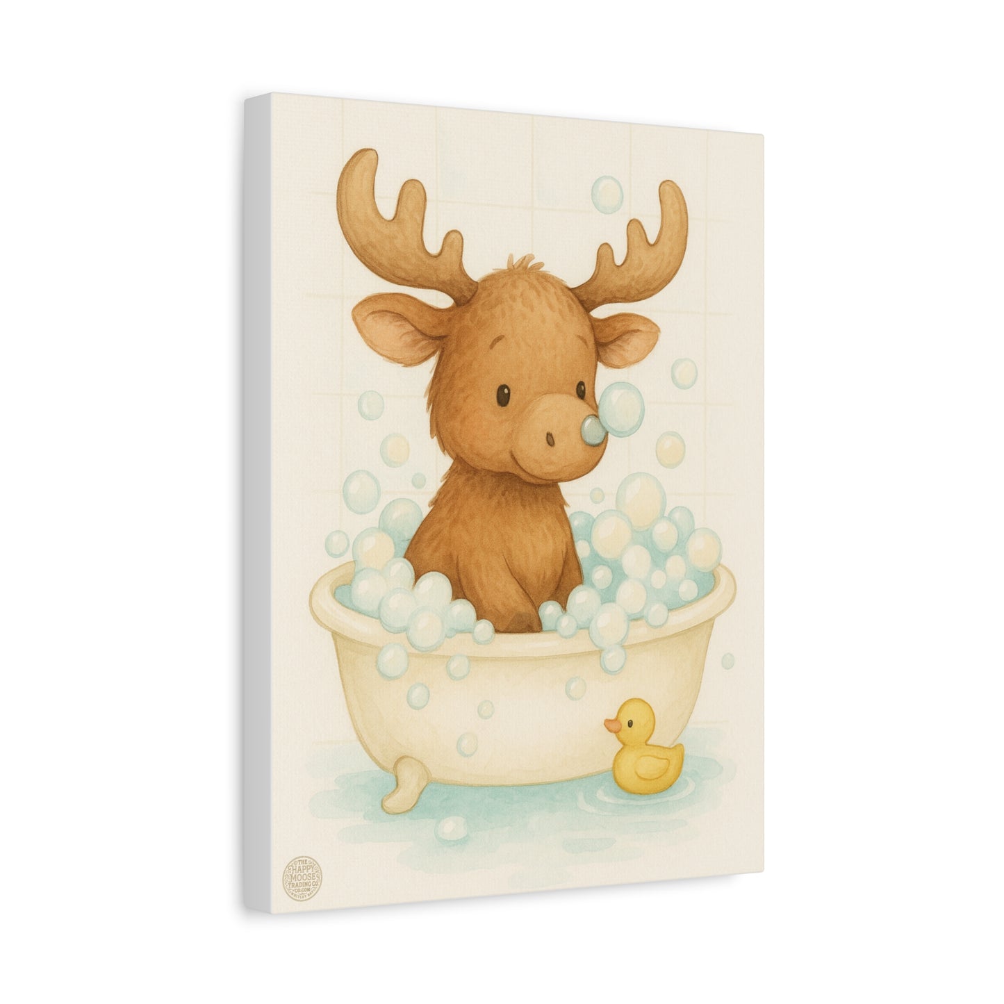 Cute Moose in Bathtub Canvas Wall Art — Baby Nursery Animal Print