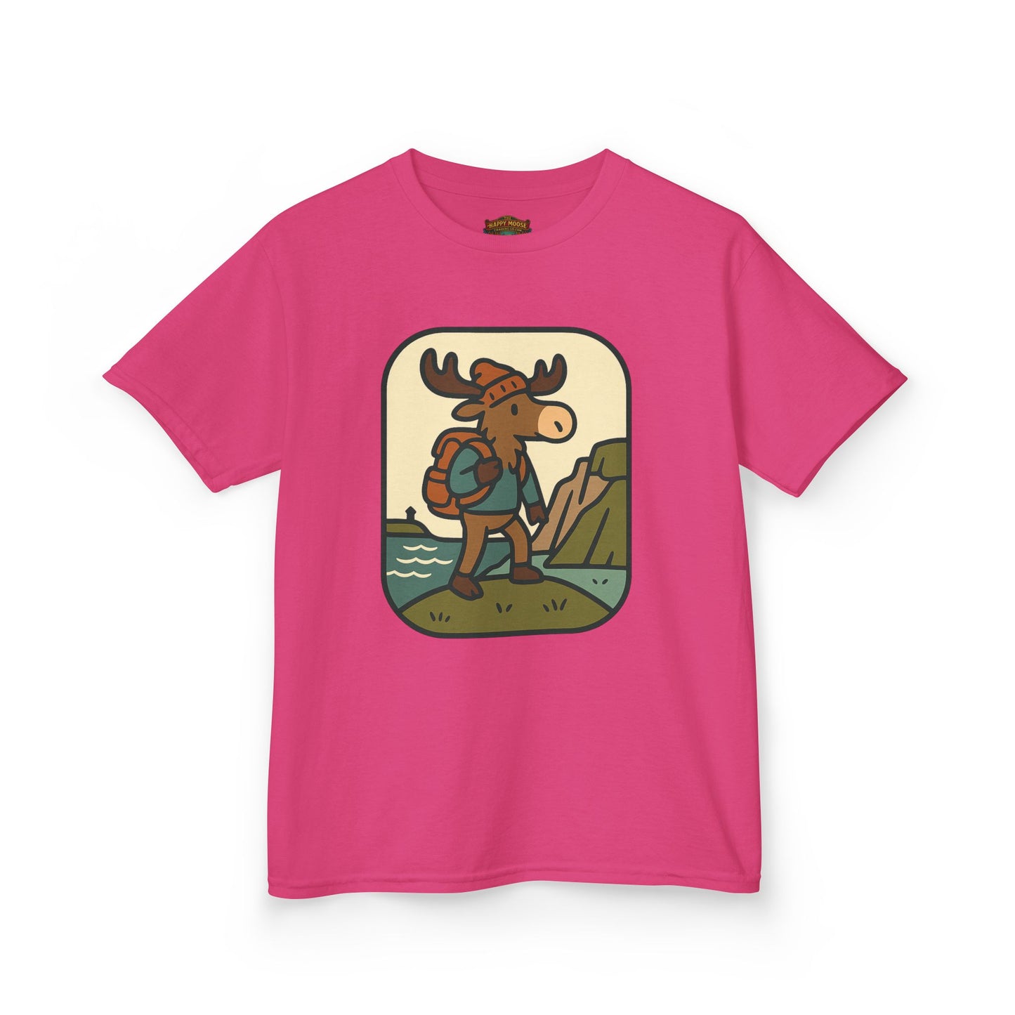 Kids Hiking Moose T‑Shirt — Cute Adventure Backpacker Tee for Boys & Girls