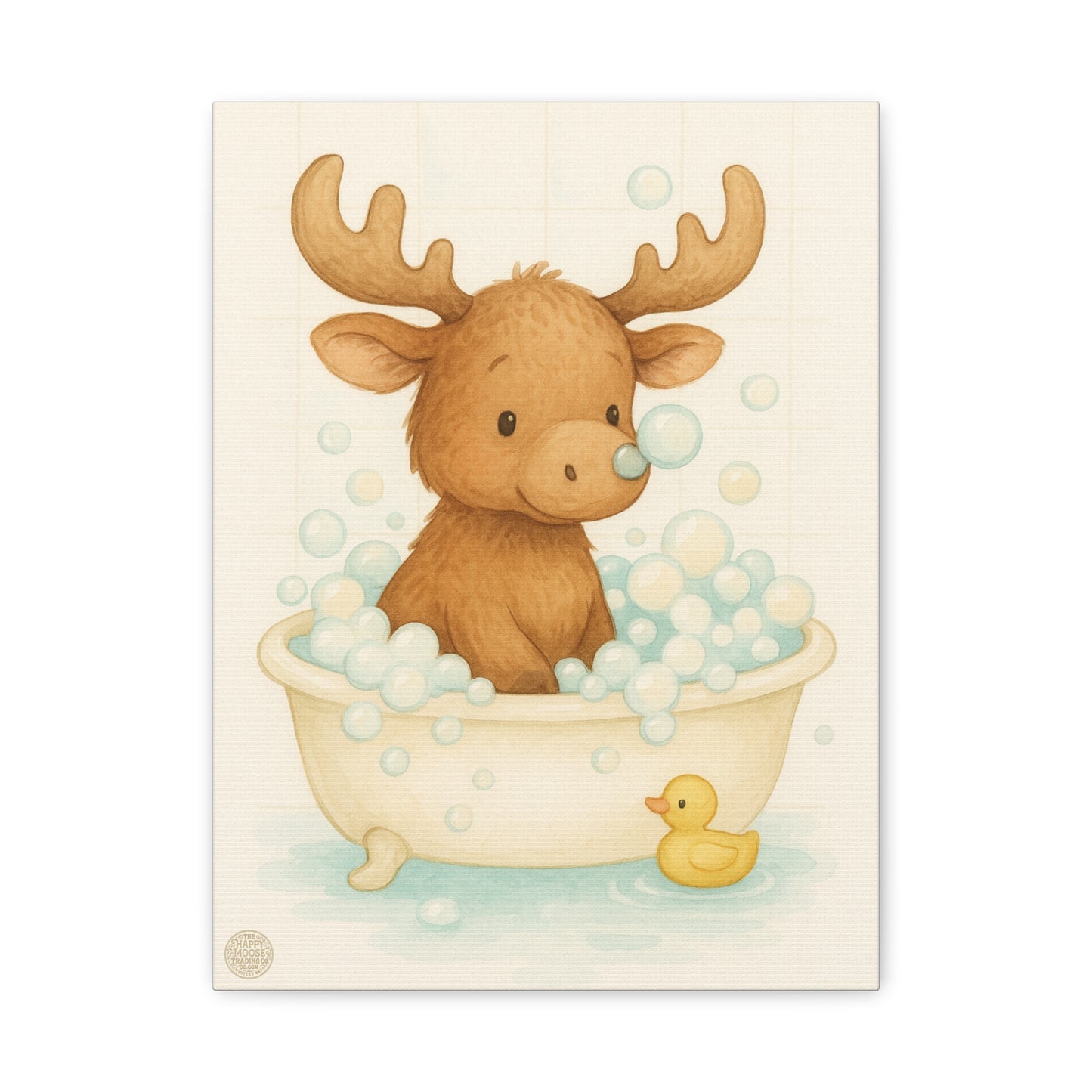 Cute Moose in Bathtub Canvas Wall Art — Baby Nursery Animal Print