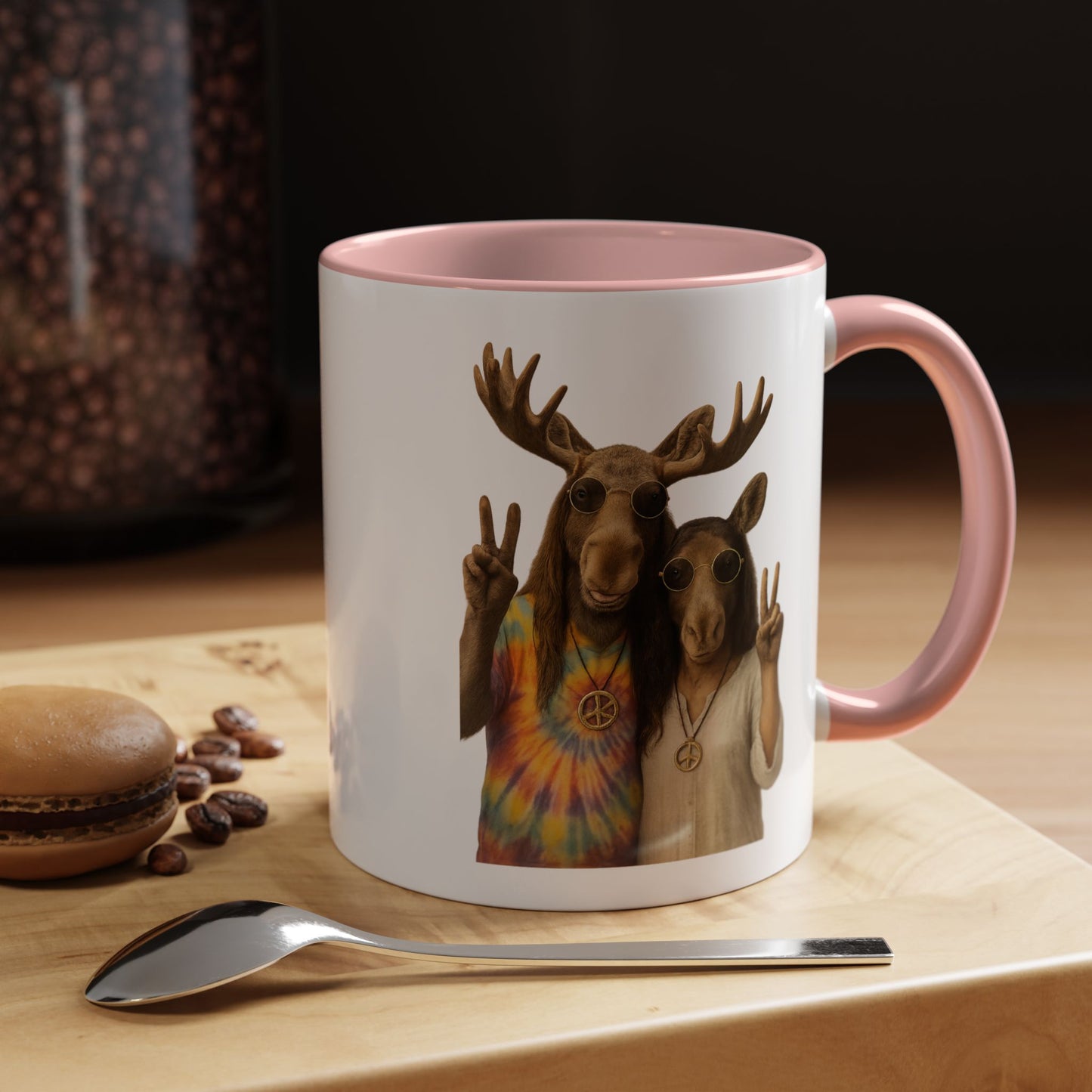 Peaceful Moose Couple Accent Coffee Mug — Hippie Tie-Dye Moose Peace Sign 11/15oz