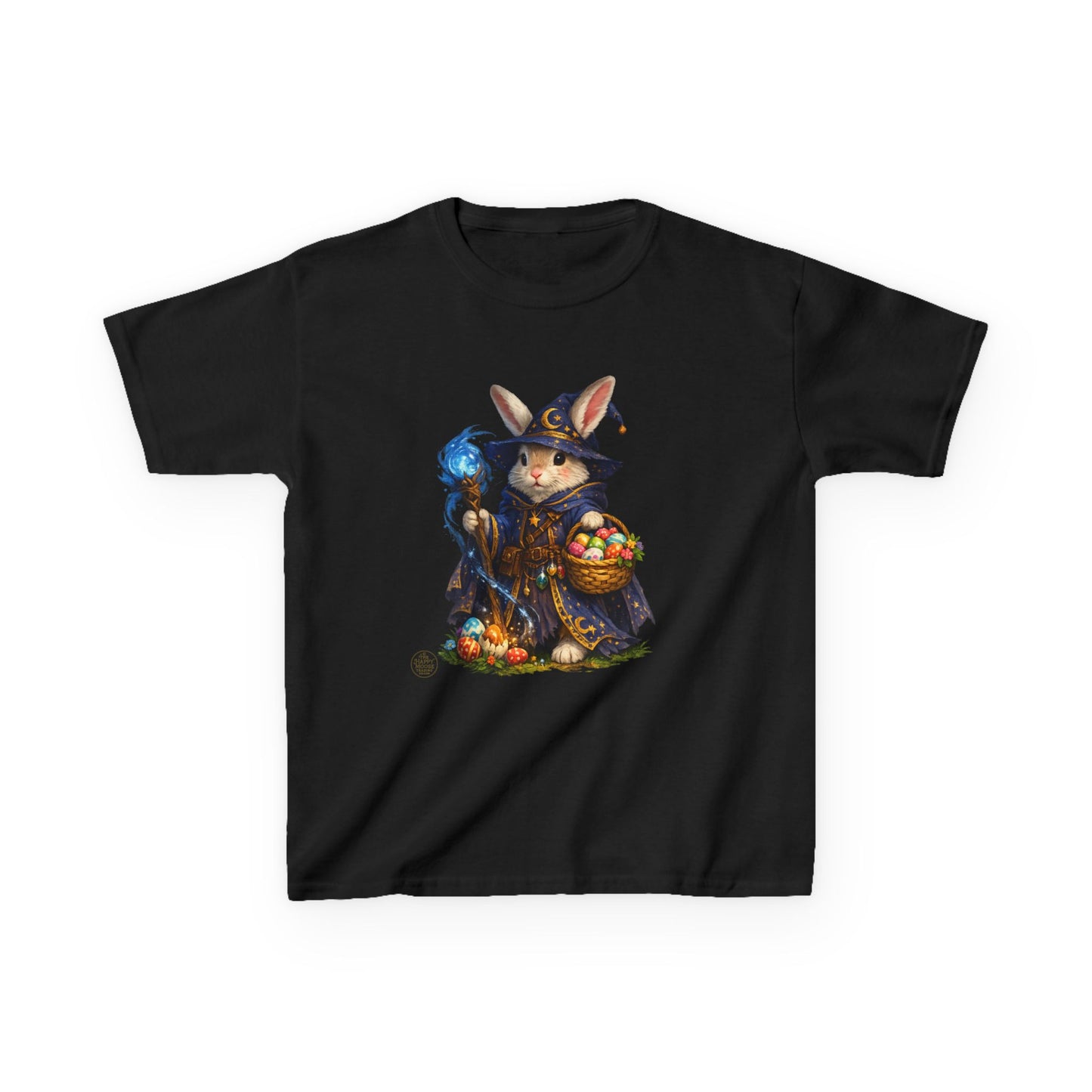 Kids Wizard Bunny T-Shirt — Cute Magic Rabbit with Staff & Basket of Treats