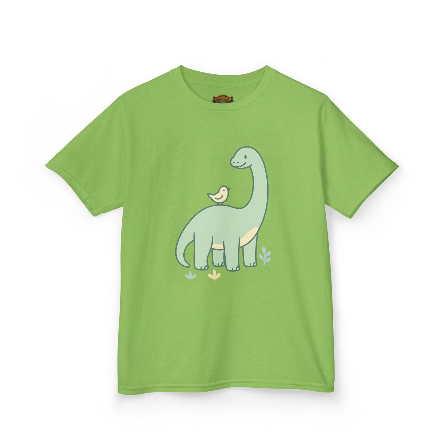 Kids Dino & Bird Tee — Cute Green Brontosaurus Graphic T‑Shirt
