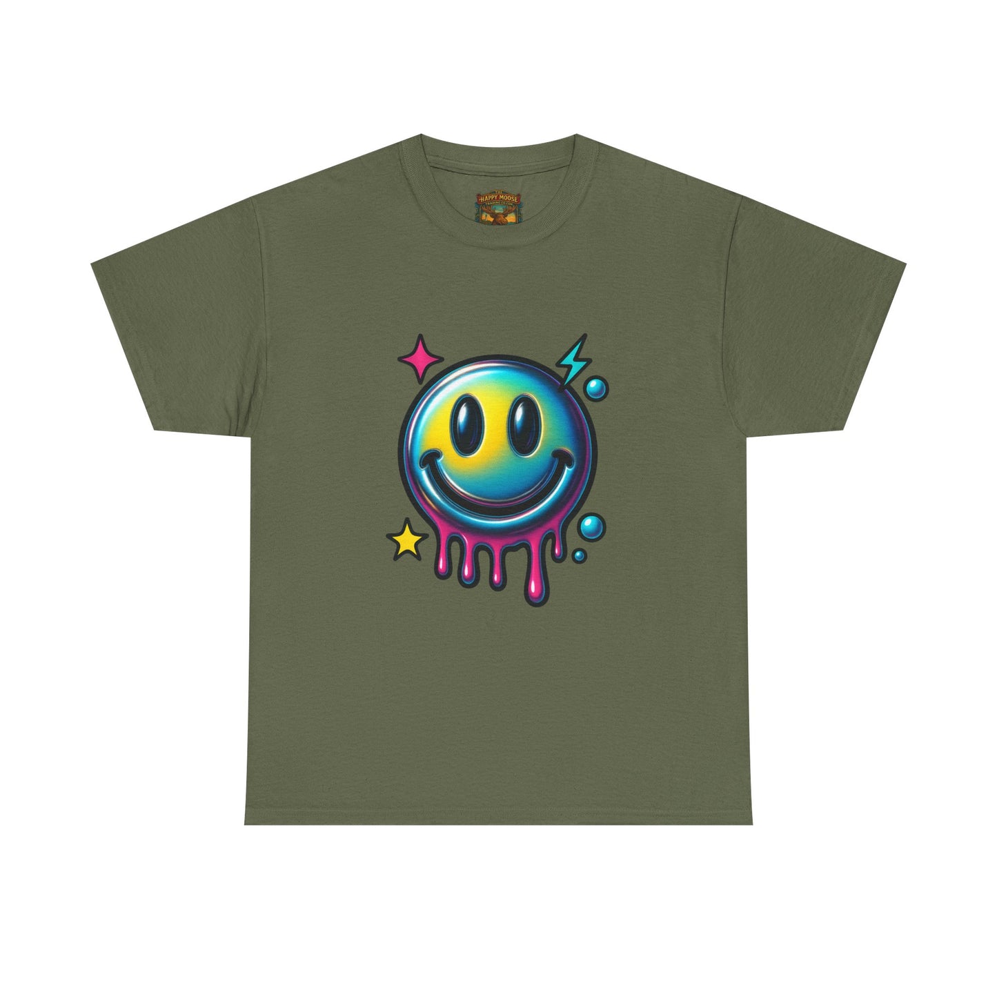 Smiley Drip Graphic Tee — Neon Melting Smiley Face T-Shirt