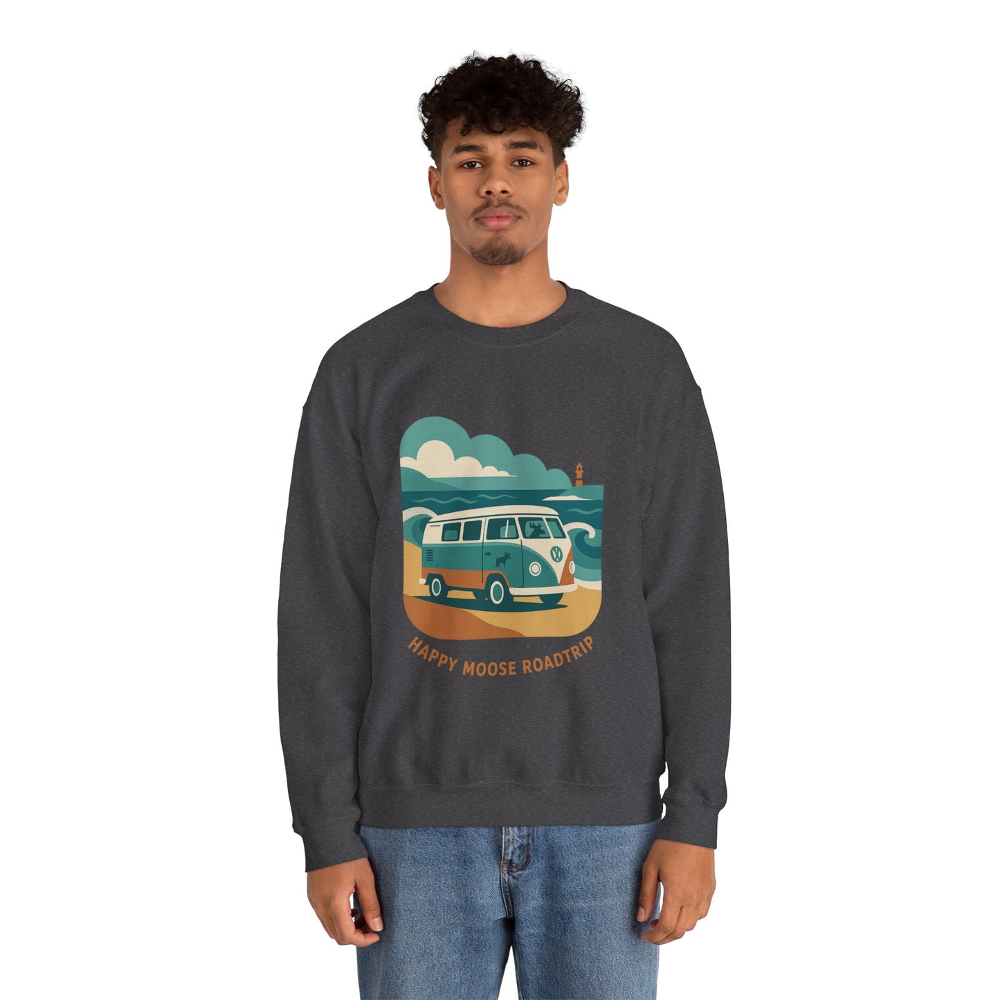 Road Trip Crewneck Sweatshirt — "Happy Moose Roadtrip" Vintage Van Graphic