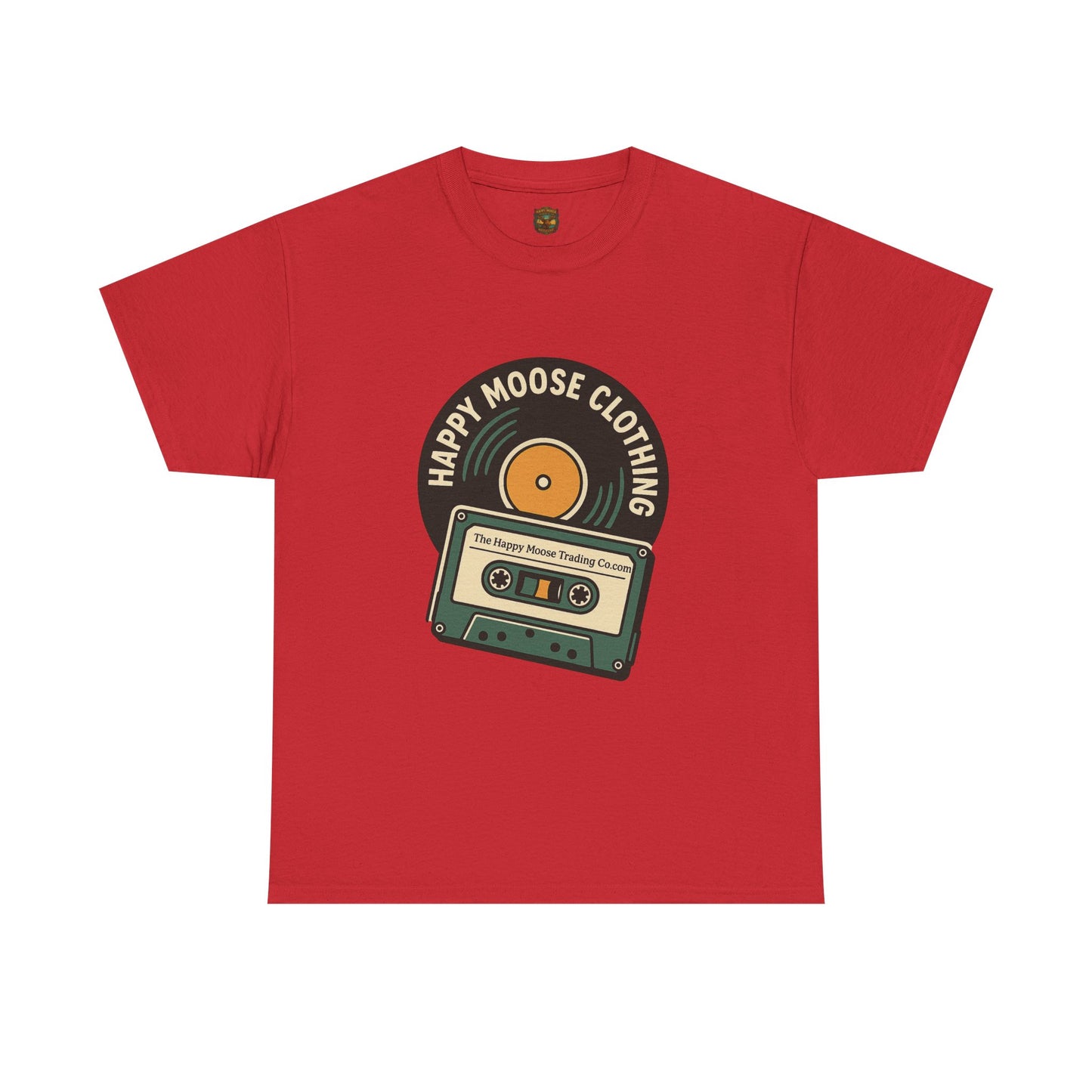 Cassette & Vinyl Retro Tee — “Happy Moose Clothing” Vintage Music Graphic T-Shirt