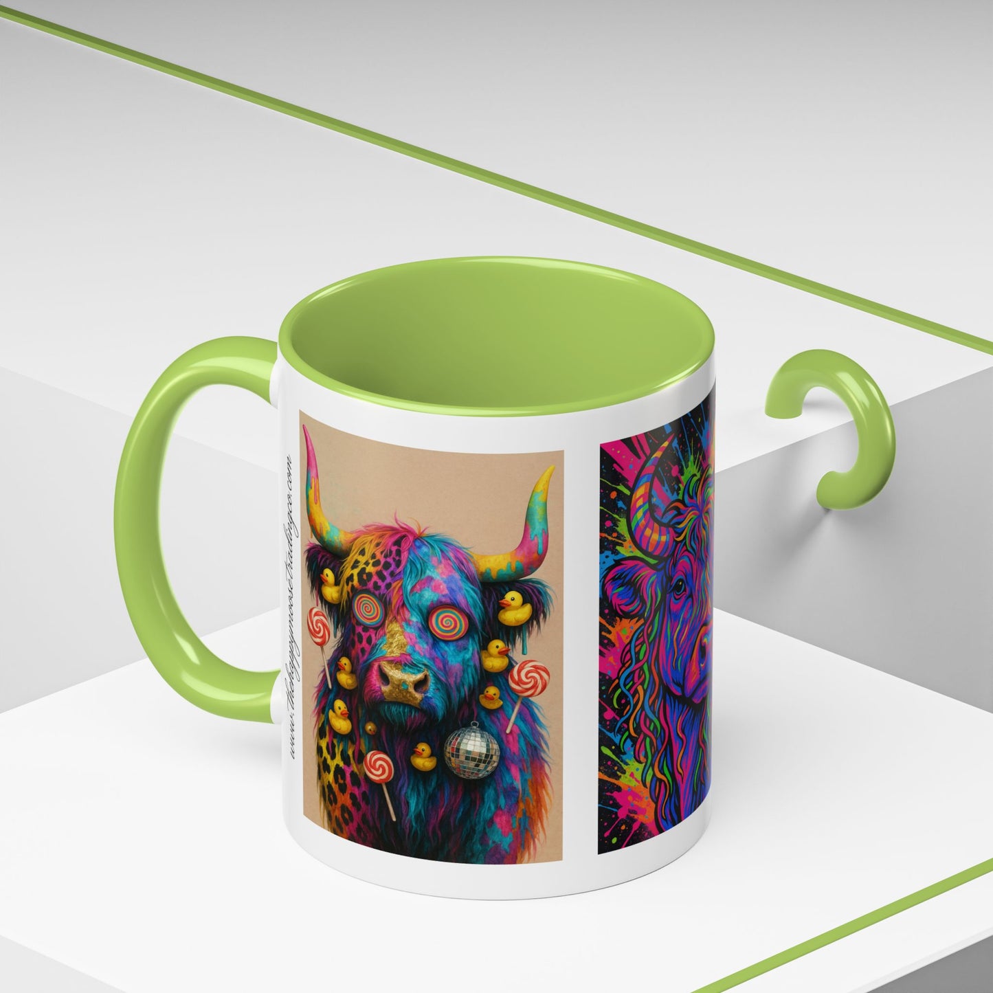 Psychedelic Highland Cow Accent Coffee Mug — Colorful Neon Farm Animal Art (11/15 oz)