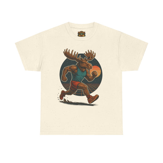 Running Moose Graphic Tee - Retro Sunset Jogging Animal Fitness Shirt
