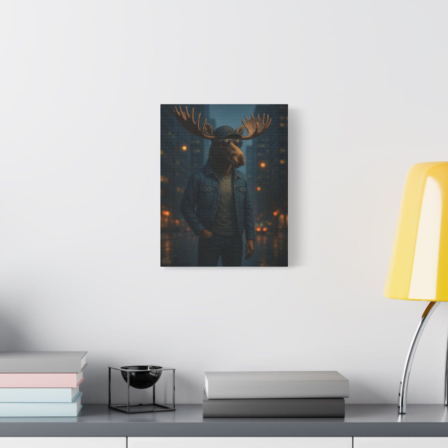 Urban Moose Canvas Print — Cool Moose in Denim Wall Art (Matte Stretched)
