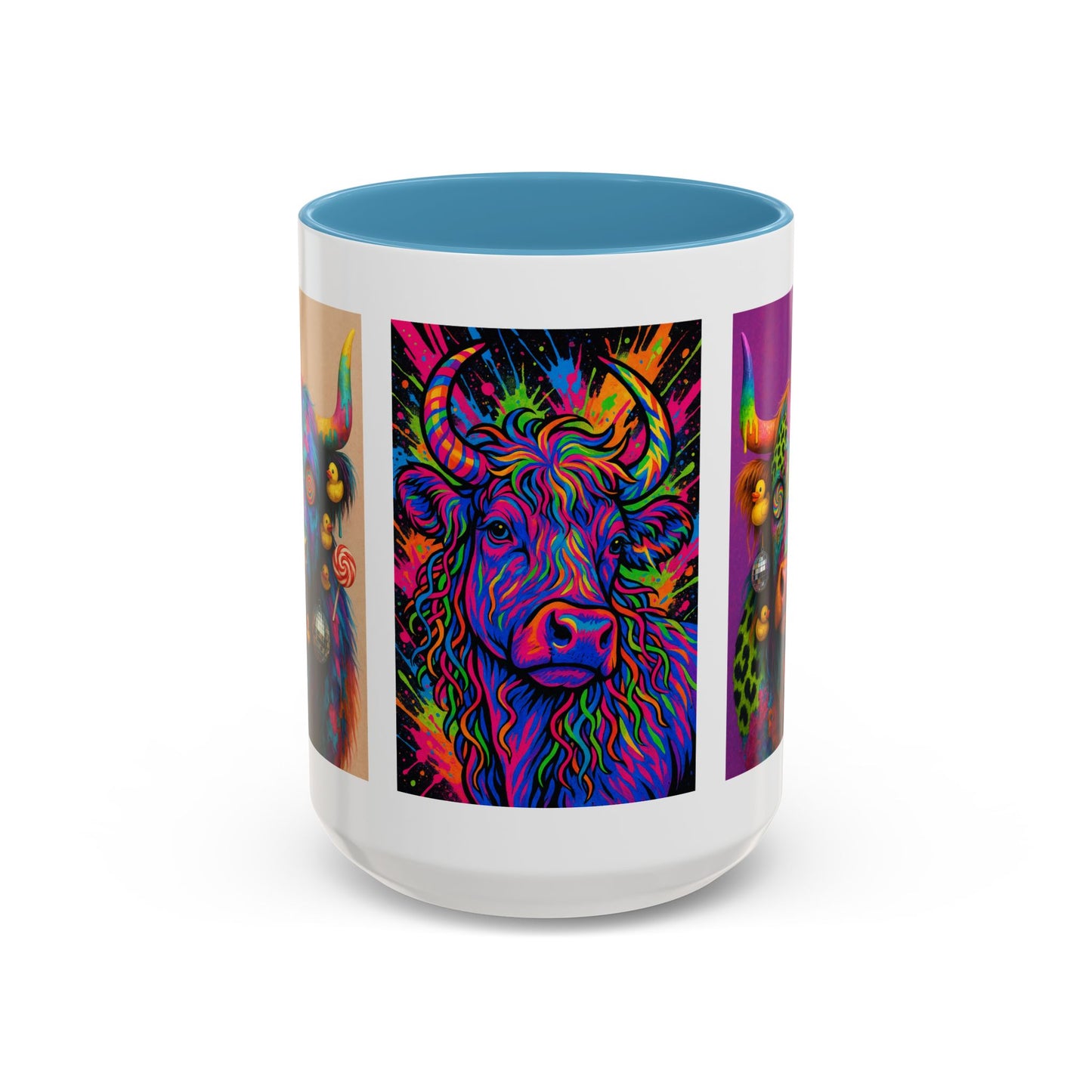 Psychedelic Highland Cow Accent Coffee Mug — Colorful Neon Farm Animal Art (11/15 oz)