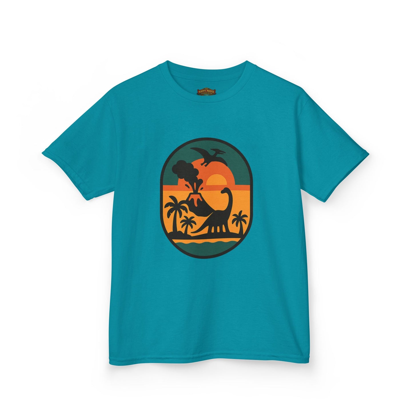 Kids T‑Shirt — Retro Tropical Dinosaur Sunset