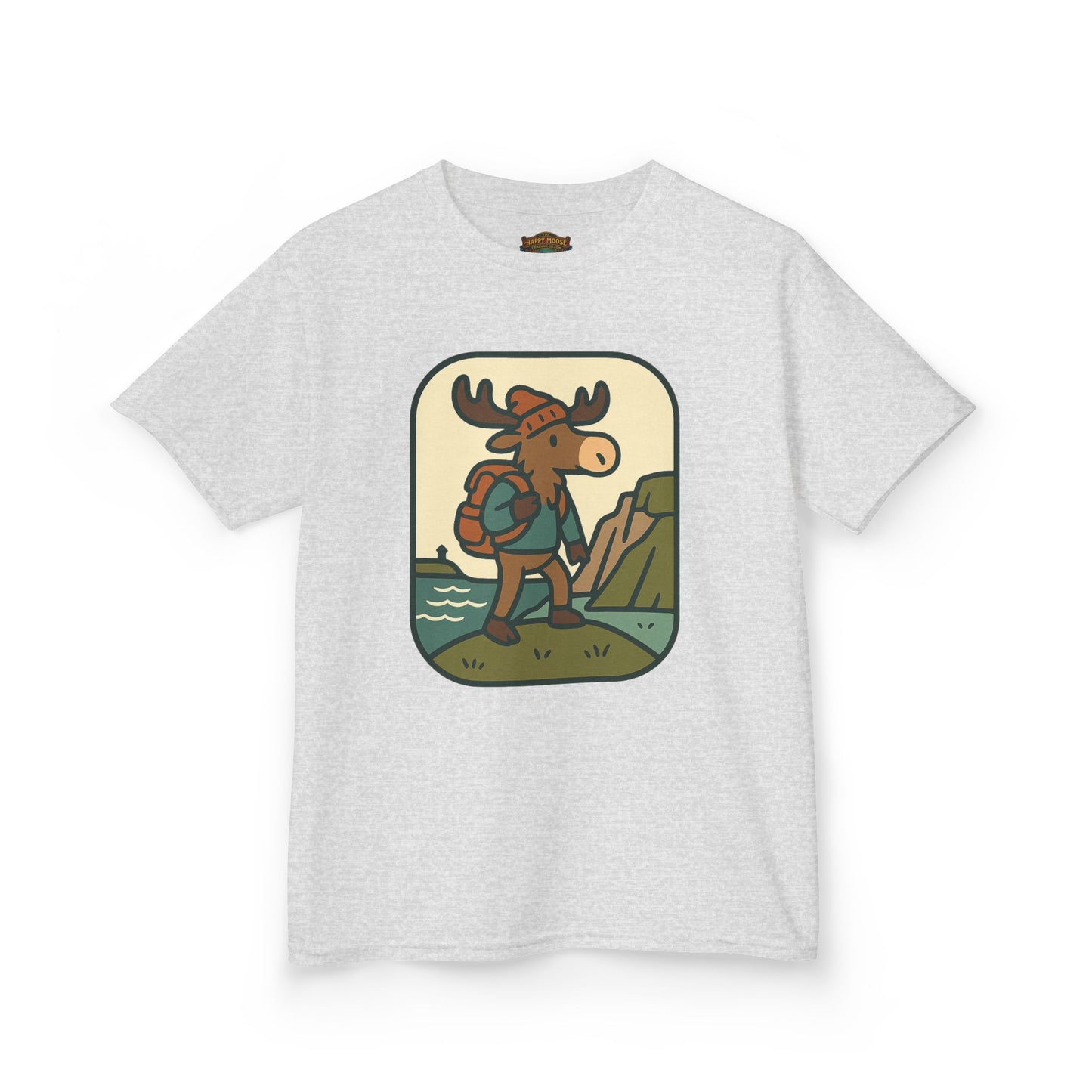 Kids Hiking Moose T‑Shirt — Cute Adventure Backpacker Tee for Boys & Girls