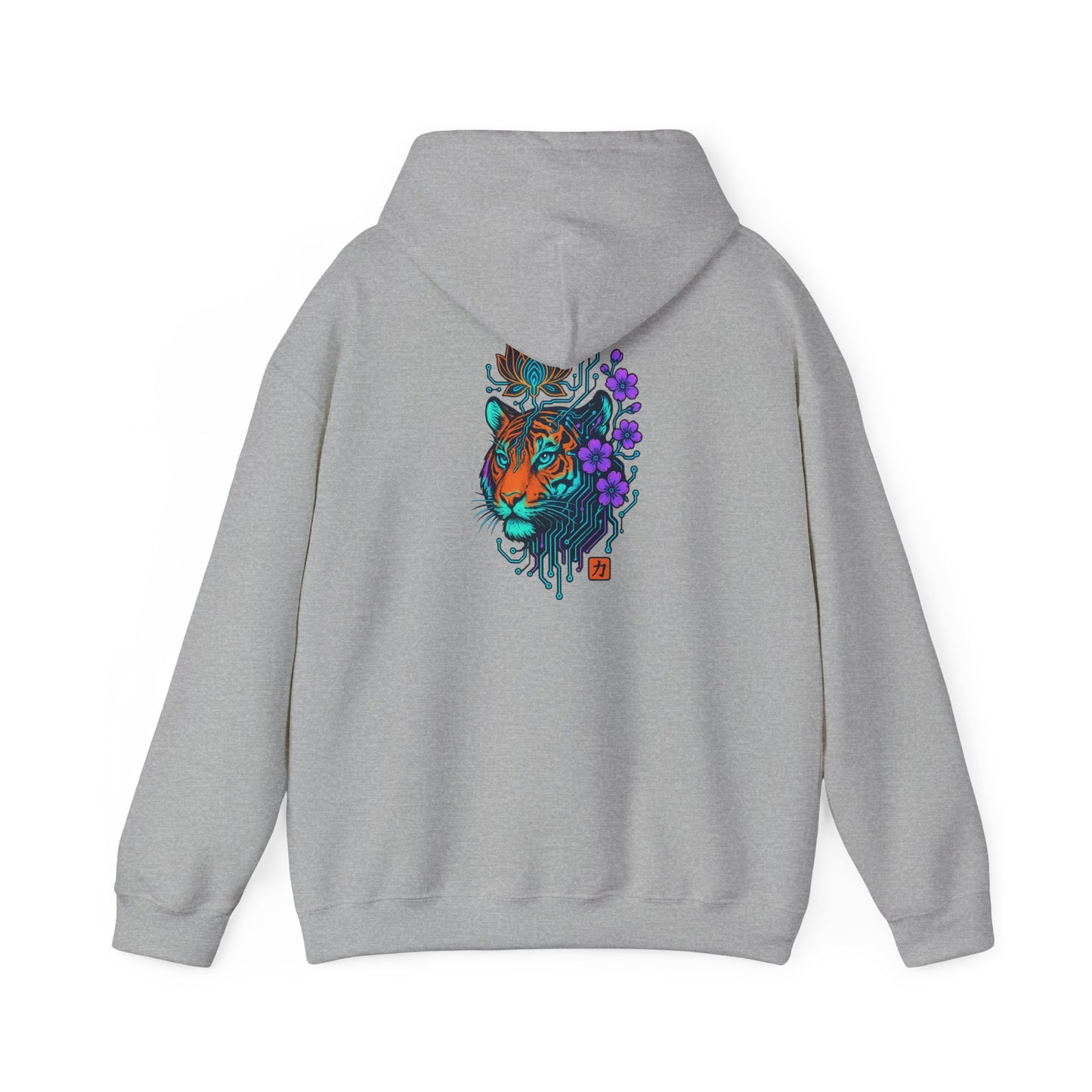 Tiger Floral Hoodie — Vibrant Tiger Head with Purple Blooms Graphic