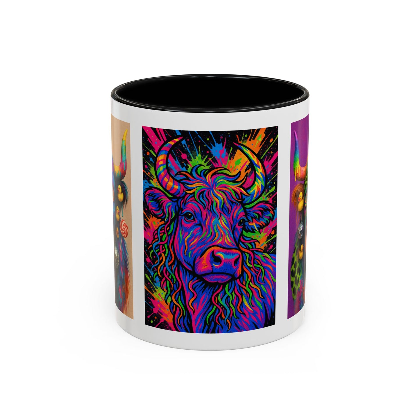 Psychedelic Highland Cow Accent Coffee Mug — Colorful Neon Farm Animal Art (11/15 oz)