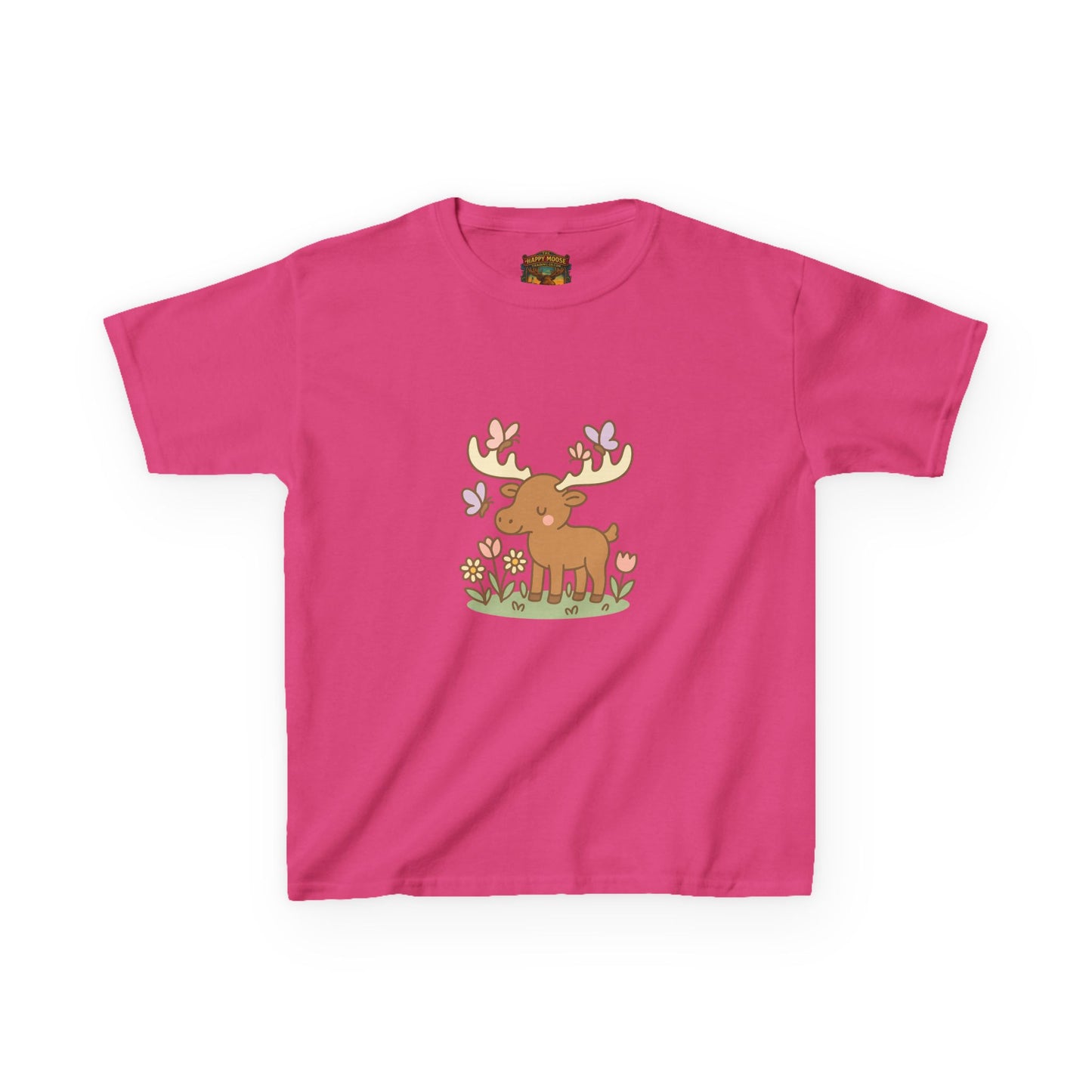 Kids T-Shirt — Cute Woodland Moose with Butterflies Kids Tee