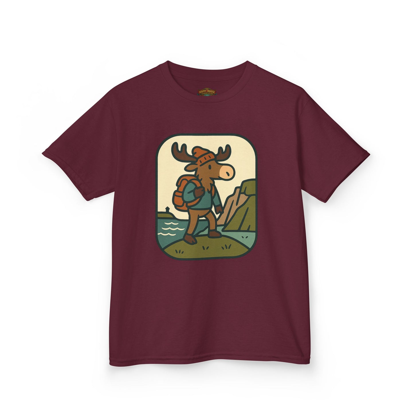 Kids Hiking Moose T‑Shirt — Cute Adventure Backpacker Tee for Boys & Girls