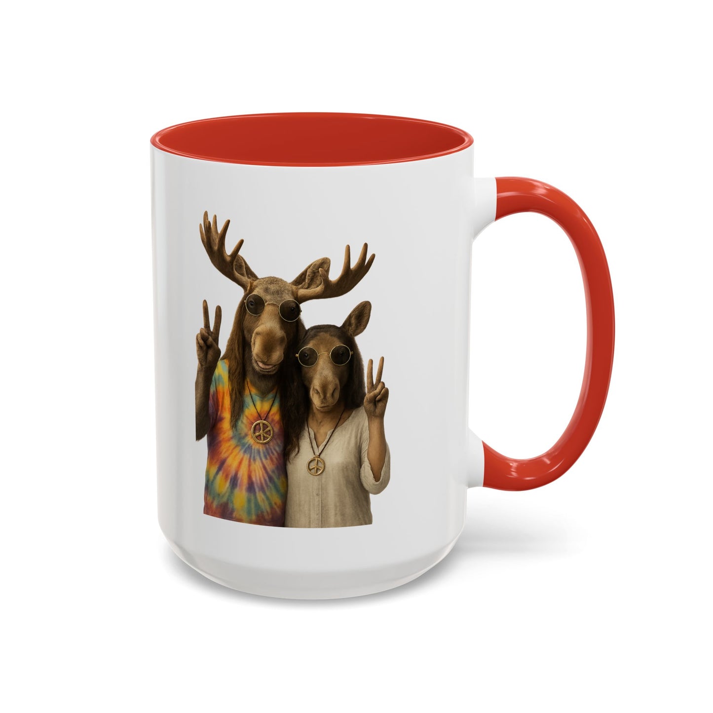 Peaceful Moose Couple Accent Coffee Mug — Hippie Tie-Dye Moose Peace Sign 11/15oz