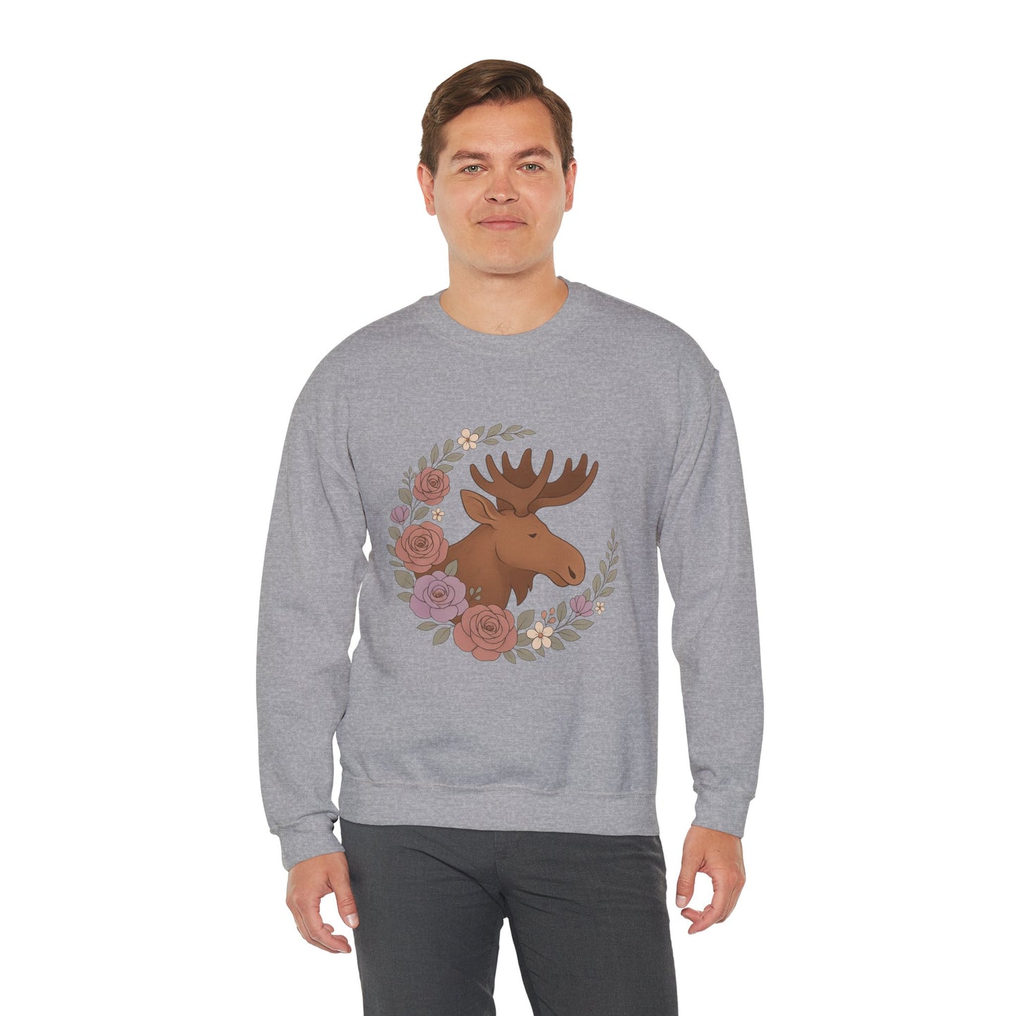 Moose Floral Crewneck Sweatshirt — Rustic Woodland Animal Sweatshirt