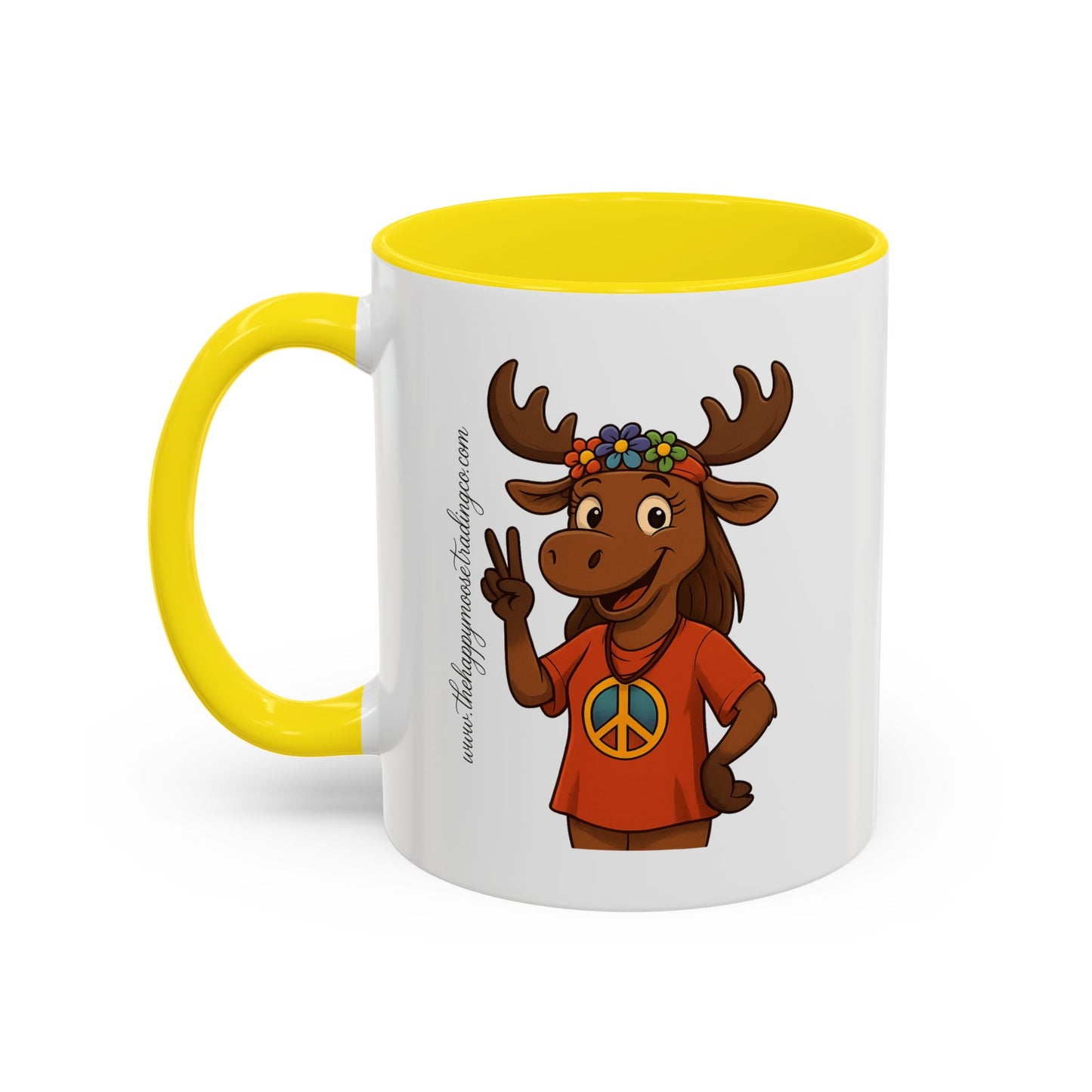 Peace Sign Moose Accent Coffee Mug — Hippie Moose with Flower Crown (11/15oz)