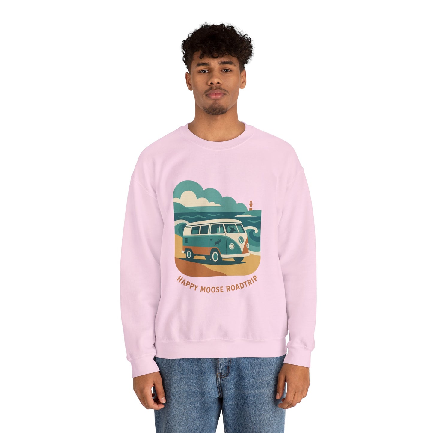 Road Trip Crewneck Sweatshirt — "Happy Moose Roadtrip" Vintage Van Graphic