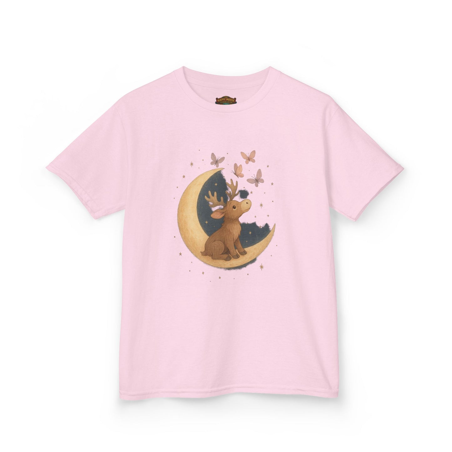 Kids Tee — Cute Puppy on Moon with Butterflies Graphic