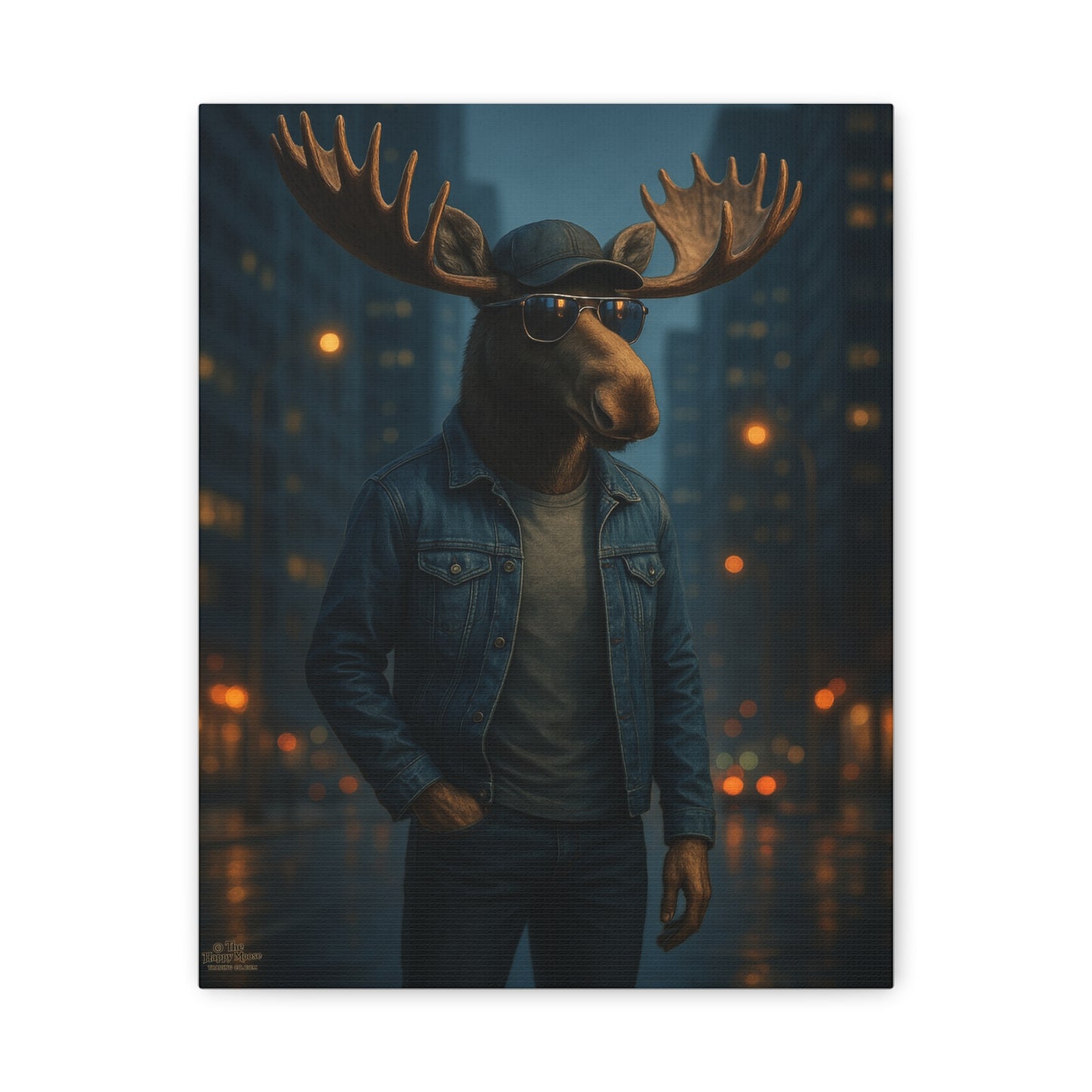 Urban Moose Canvas Print — Cool Moose in Denim Wall Art (Matte Stretched)