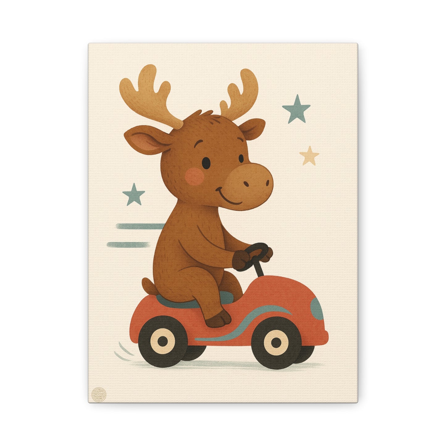 Cute Moose on Red Car Canvas Wall Art – Nursery Kids Decor
